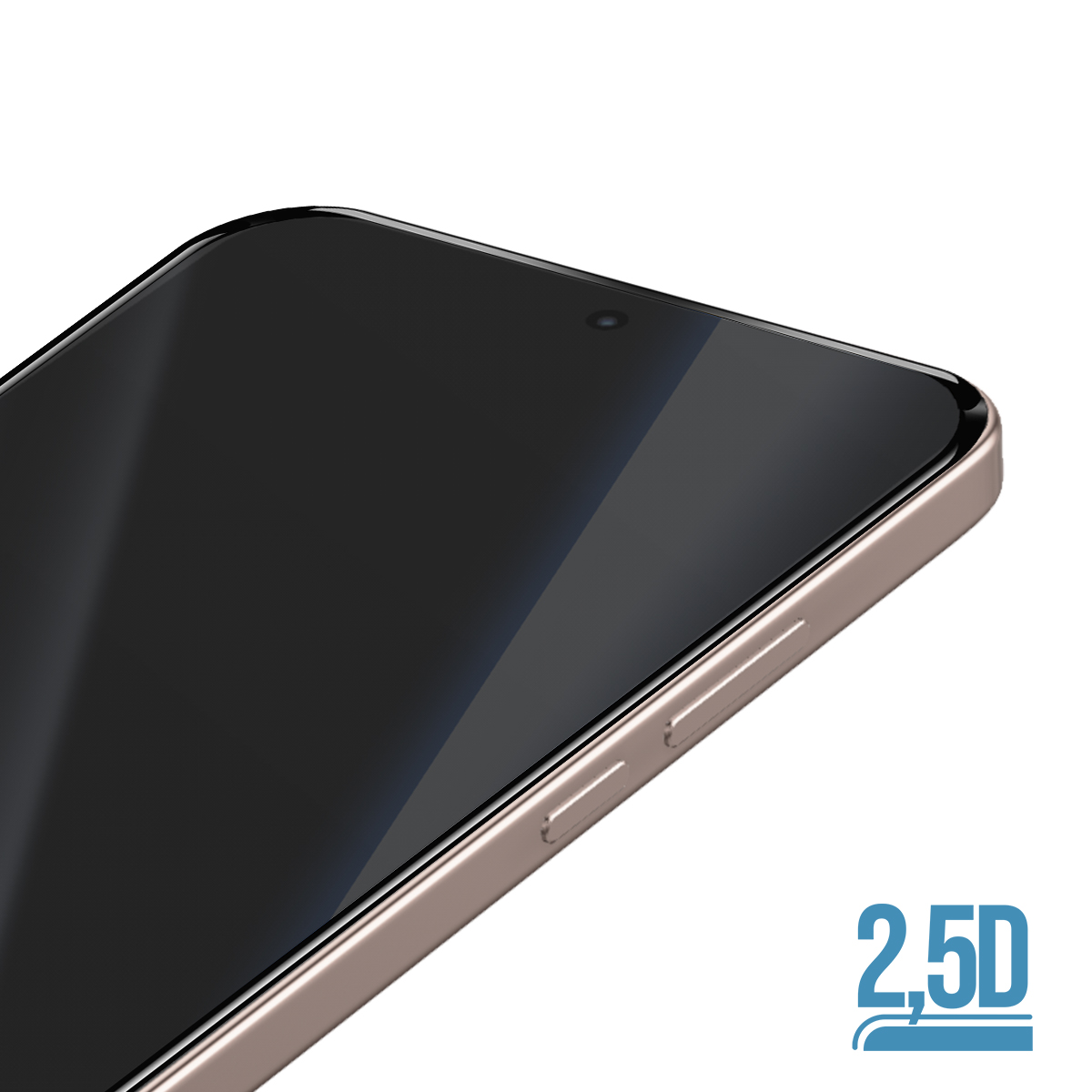 Primo piano di uno smartphone color oro rosa con display 2.5D.