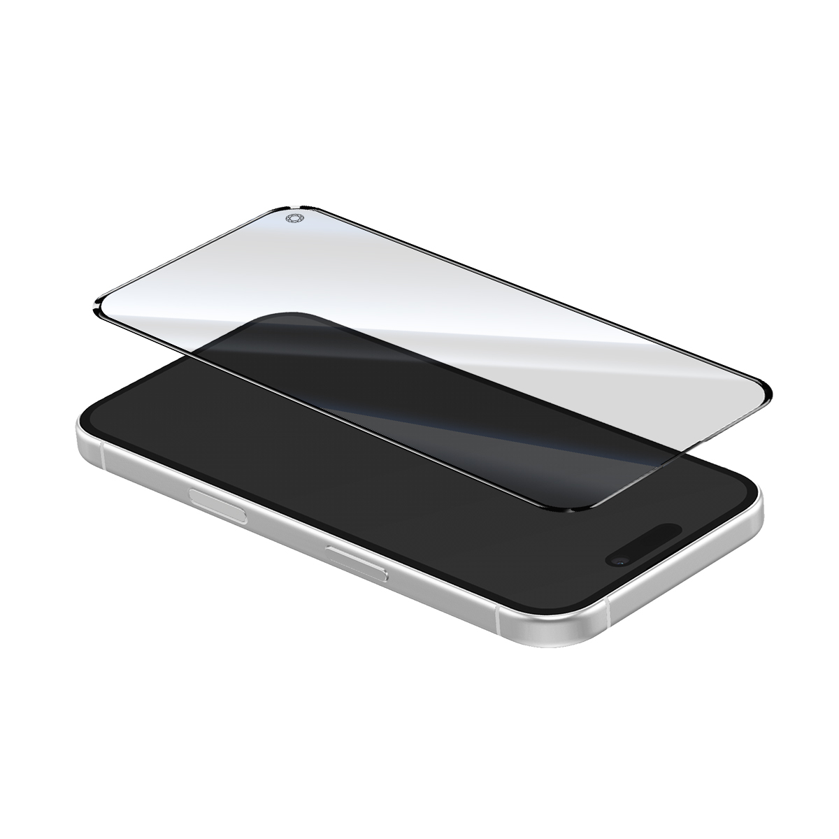 Una protezione per lo schermo giace sopra uno smartphone su sfondo bianco.