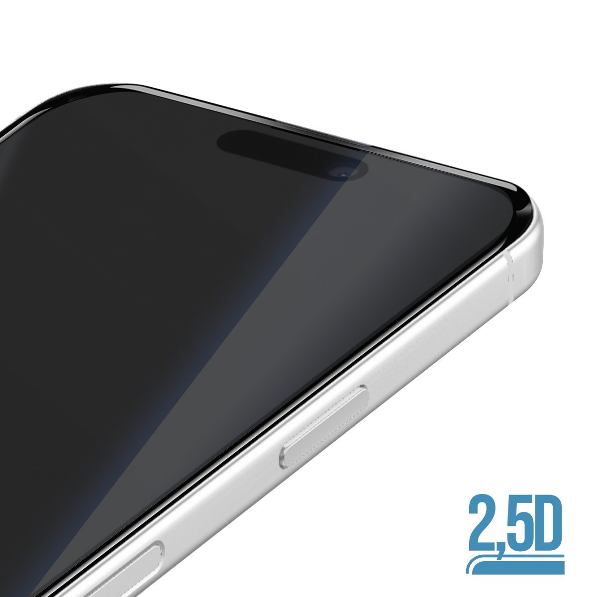Primo piano di uno smartphone con protezione schermo 2.5D, schermo scuro acceso.