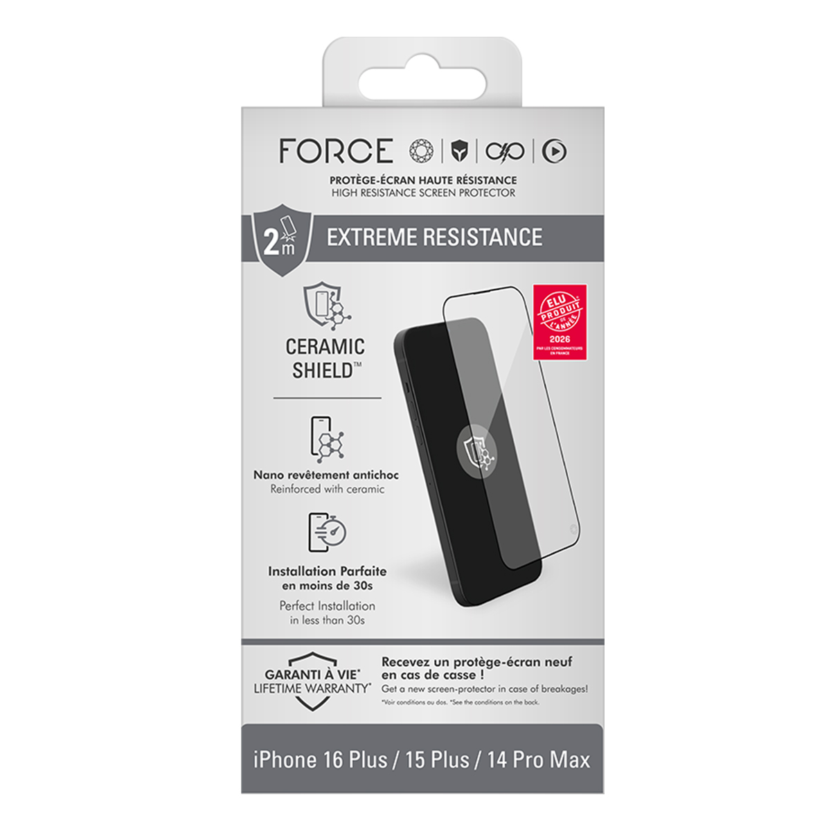 Confezione protettore schermo FORCE per iPhone, con "Extreme Resistance" e "Ceramic Shield".