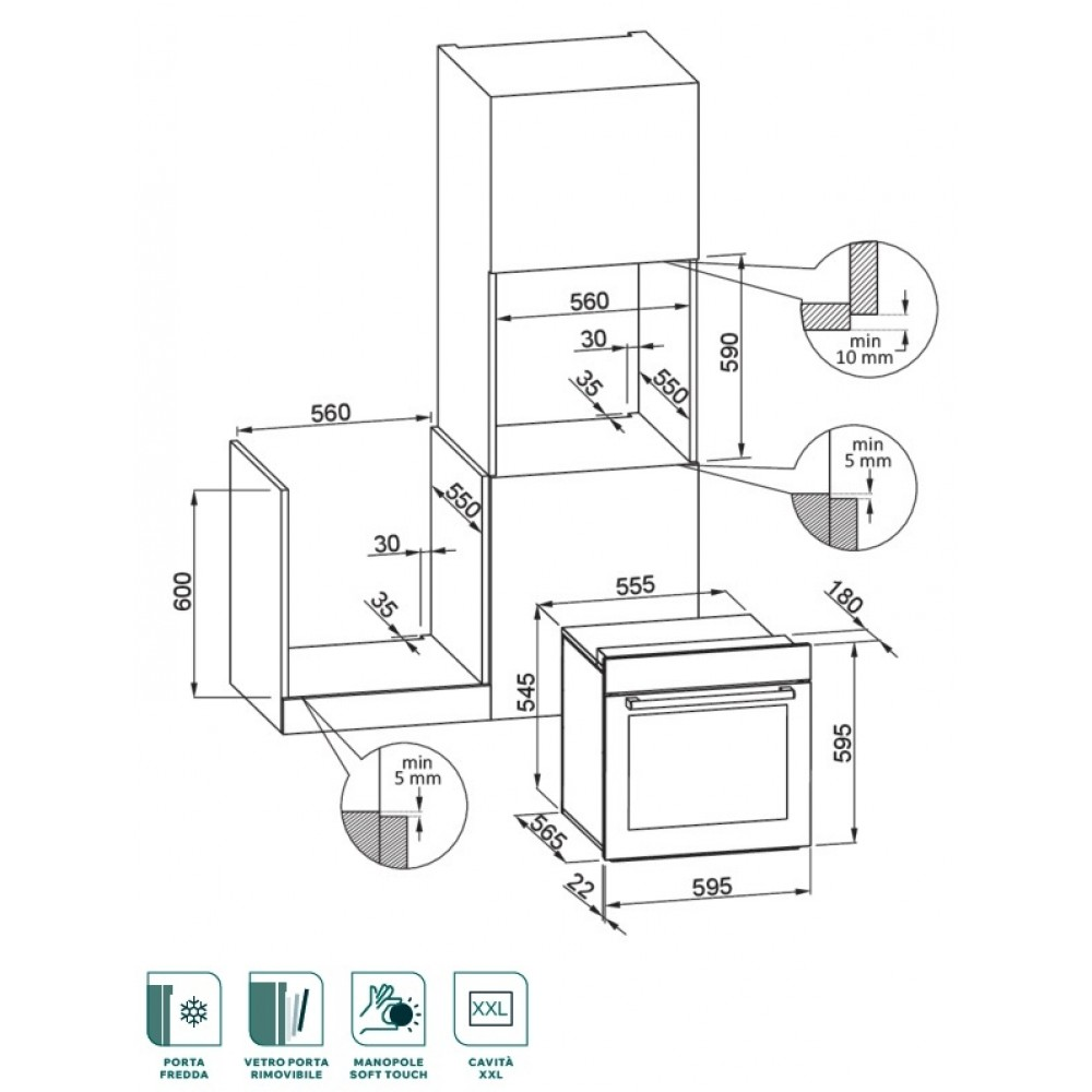 Disegno tecnico di un forno da incasso con dimensioni e dettagli di installazione.