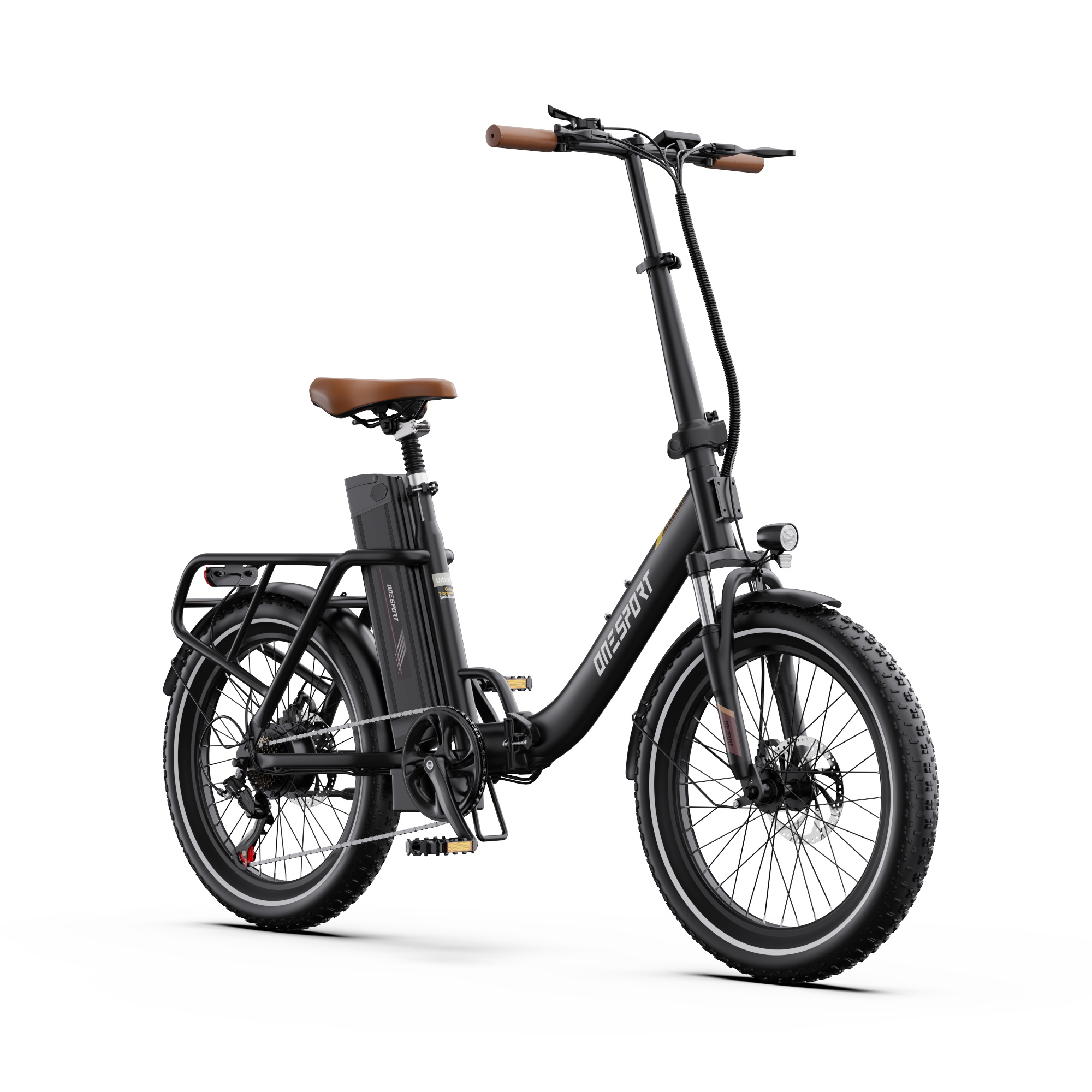 Schwarzes Klapp-E-Bike mit braunen Griffen und Sattel, weißem Streifen an den Rädern.