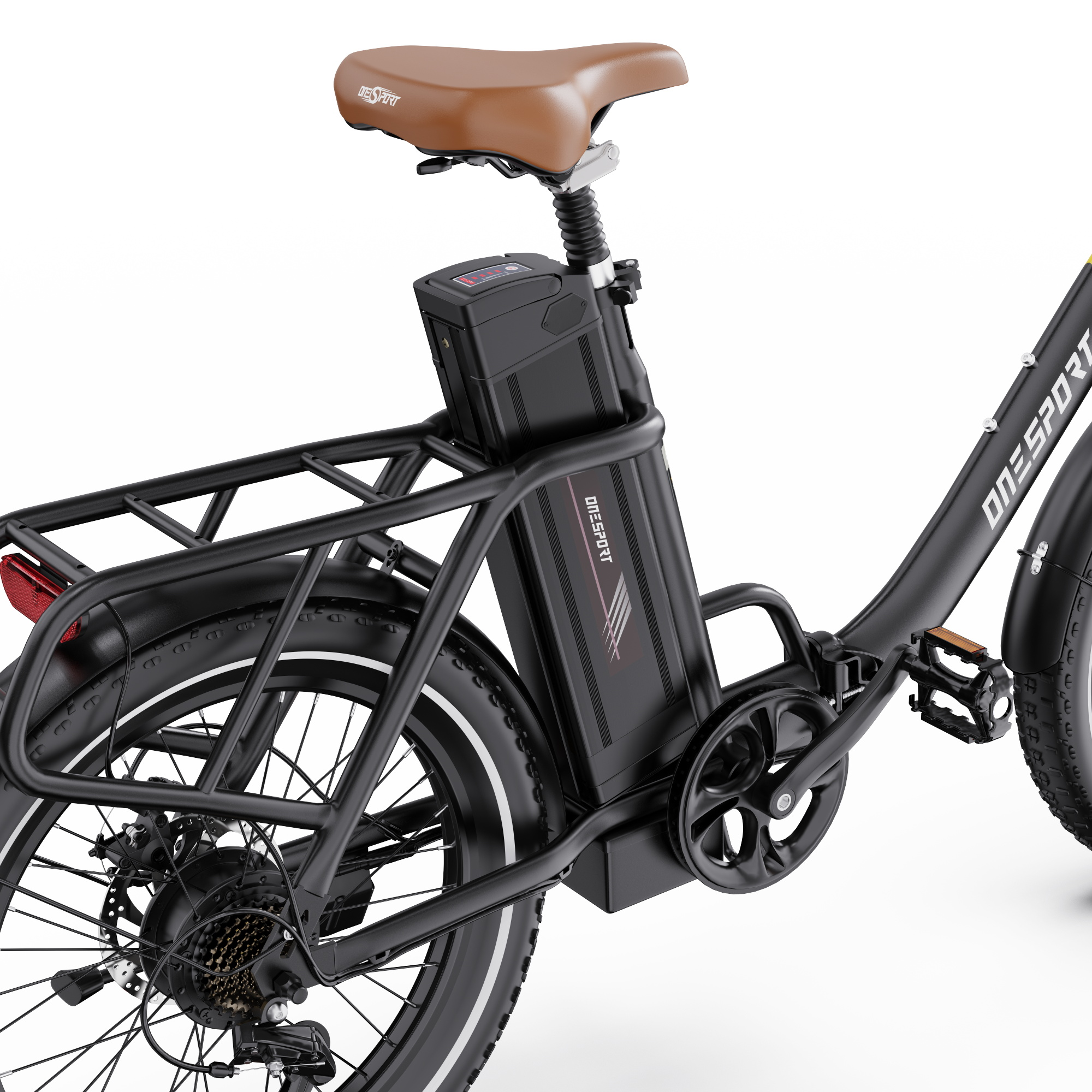 Schwarzes E-Bike mit braunem Sitz, Gepäckträger hinten und Akkupack.