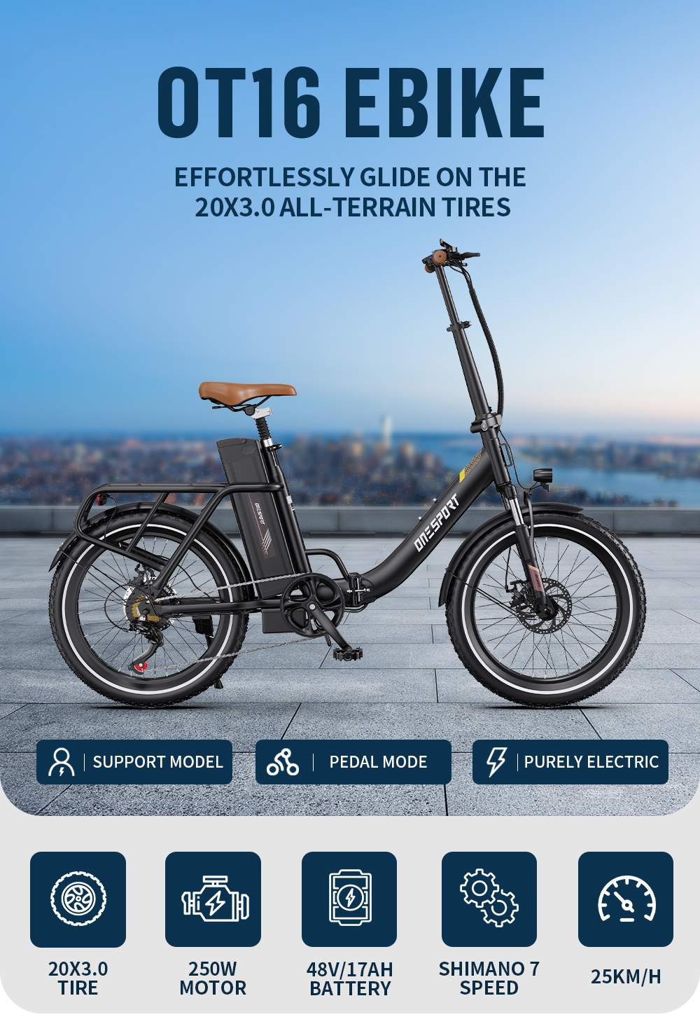 Schwarzes OT16 EBIKE mit braunem Sattel und Gepäckträger vor einem verschwommenen Stadtbild.