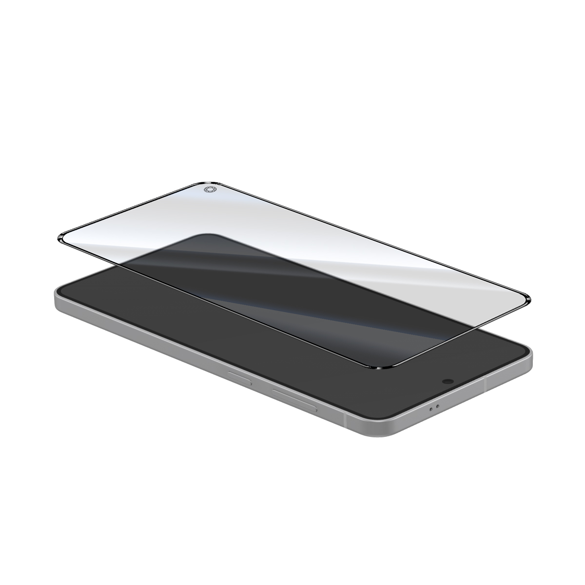 Uno smartphone argentato con una protezione per lo schermo leggermente sollevata.
