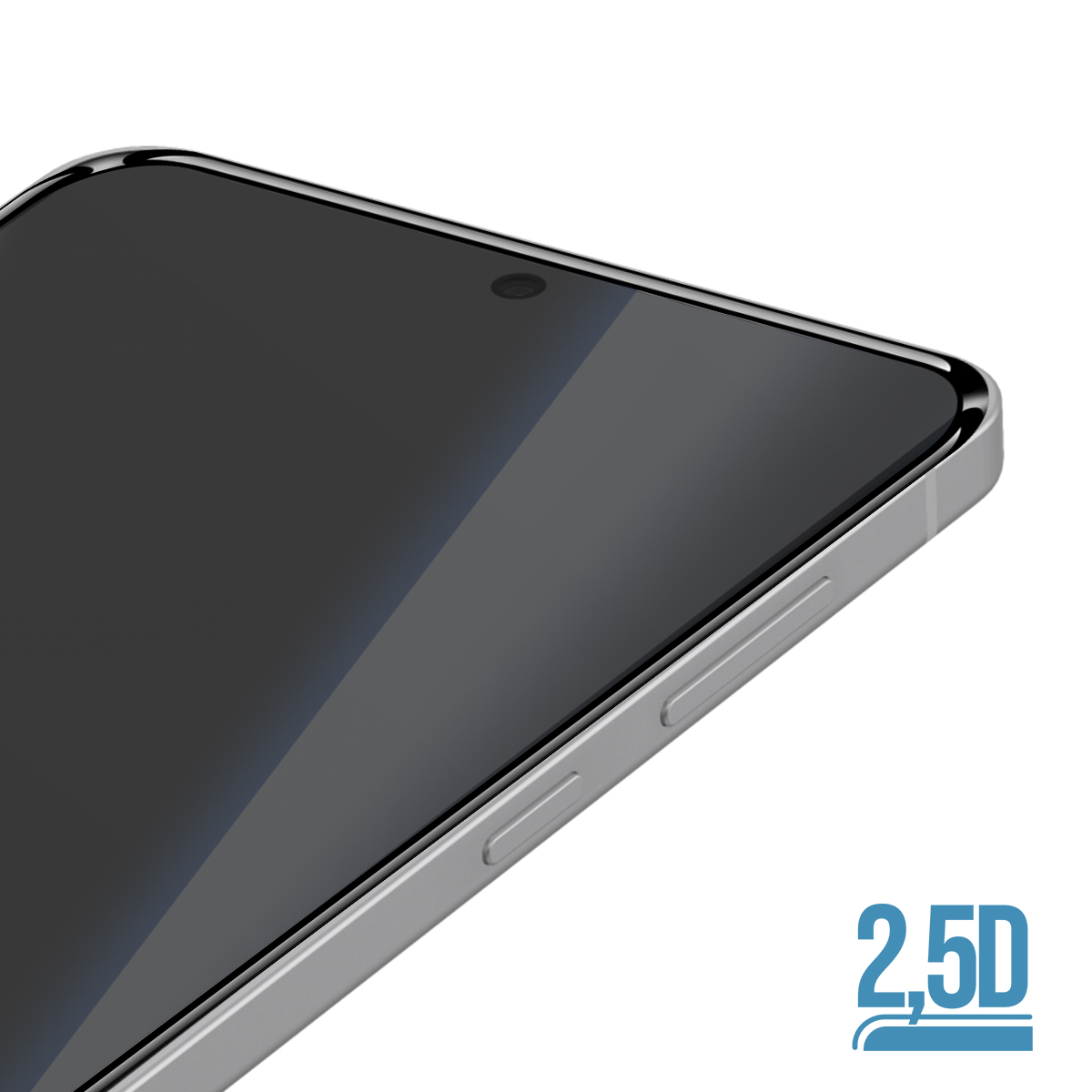 Primo piano di un angolo di smartphone argentato con schermo scuro e testo "2.5D".