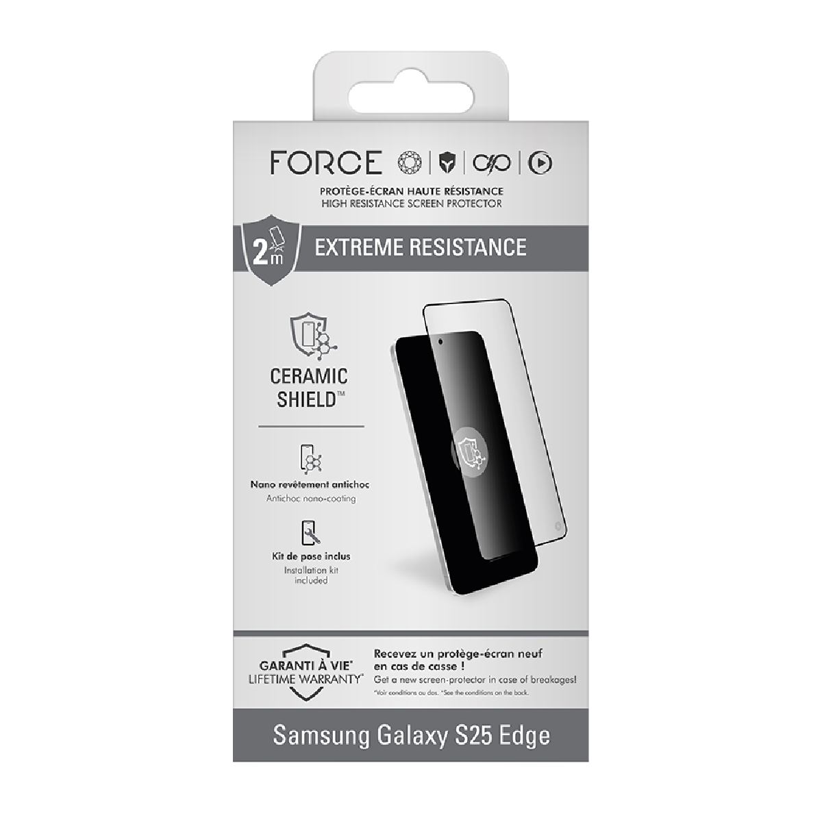Confezione protettore schermo FORCE Ceramic Shield per Samsung Galaxy S25 Edge.