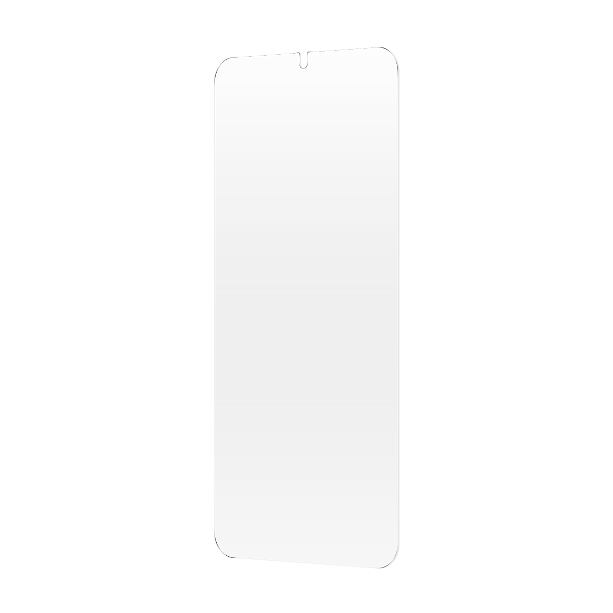 Un protector de pantalla transparente para un smartphone con un recorte en forma de U en la parte superior.