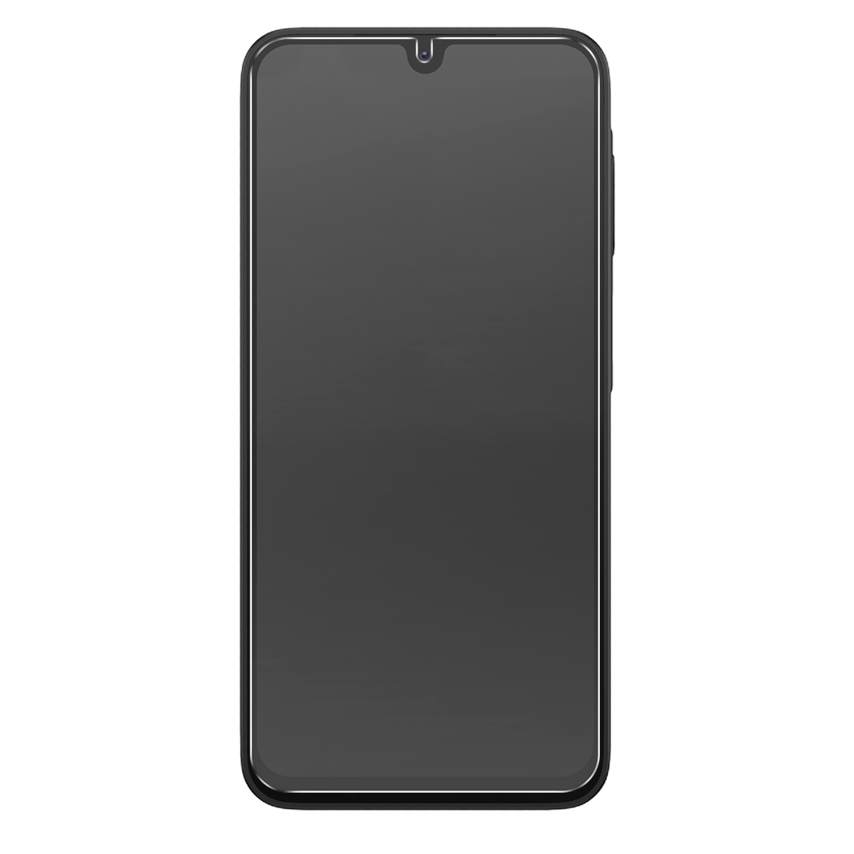 Un smartphone oscuro con bisel estrecho y muesca para la cámara frontal.