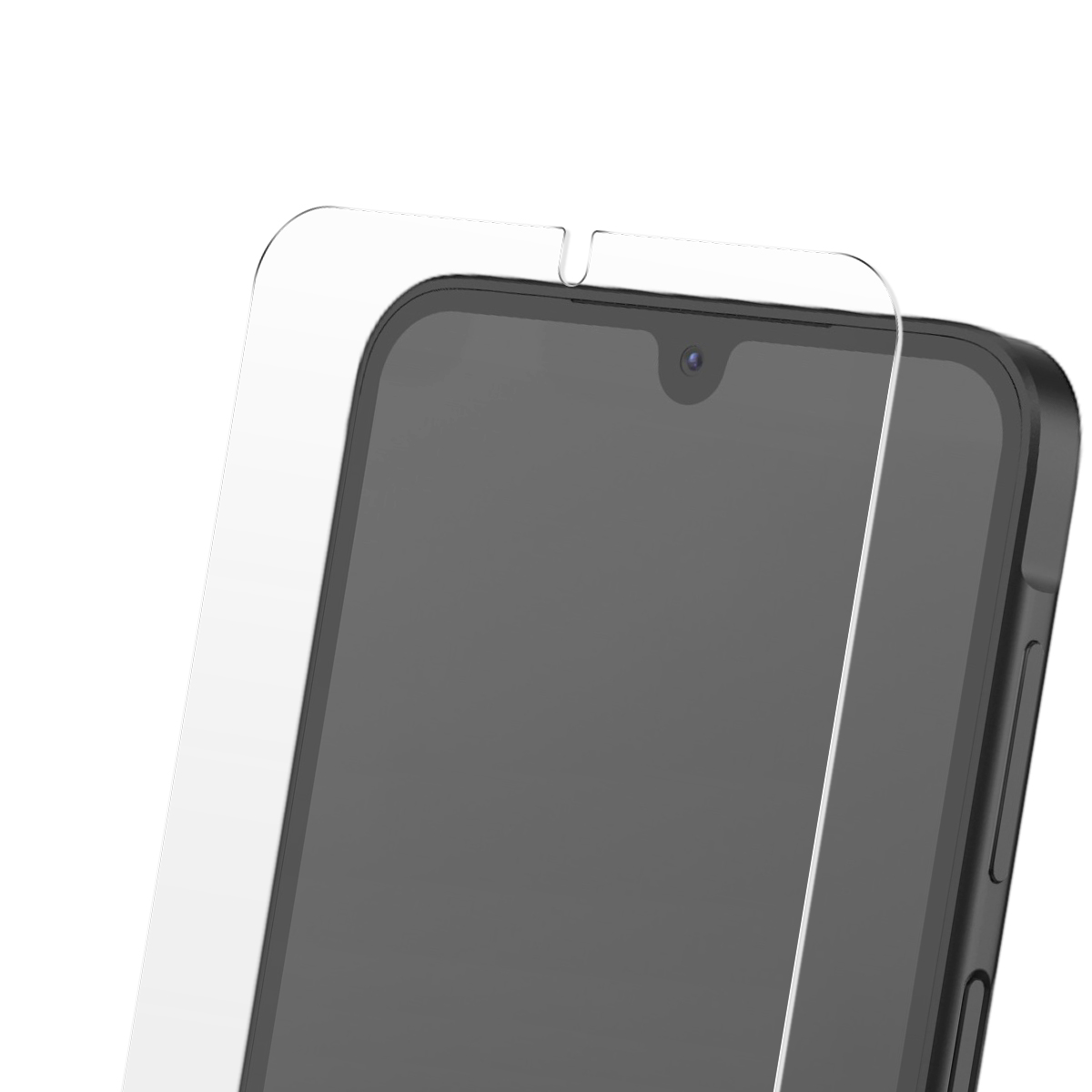 Un protector de pantalla transparente está colocado en un teléfono inteligente negro.