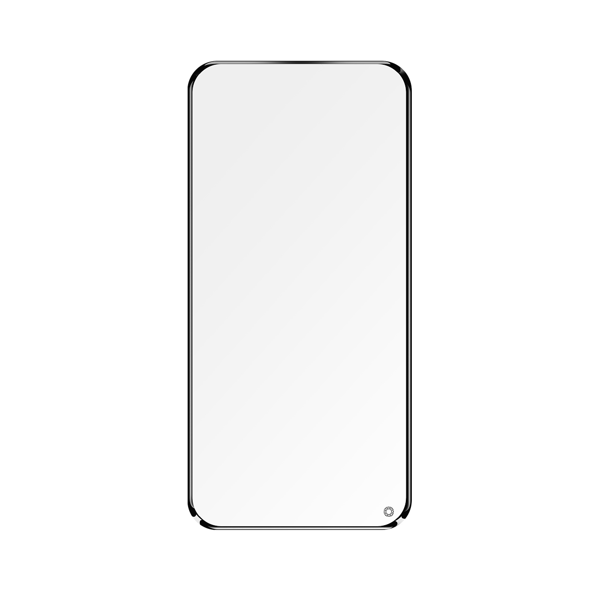 Una protezione schermo per smartphone con bordi arrotondati su sfondo bianco.