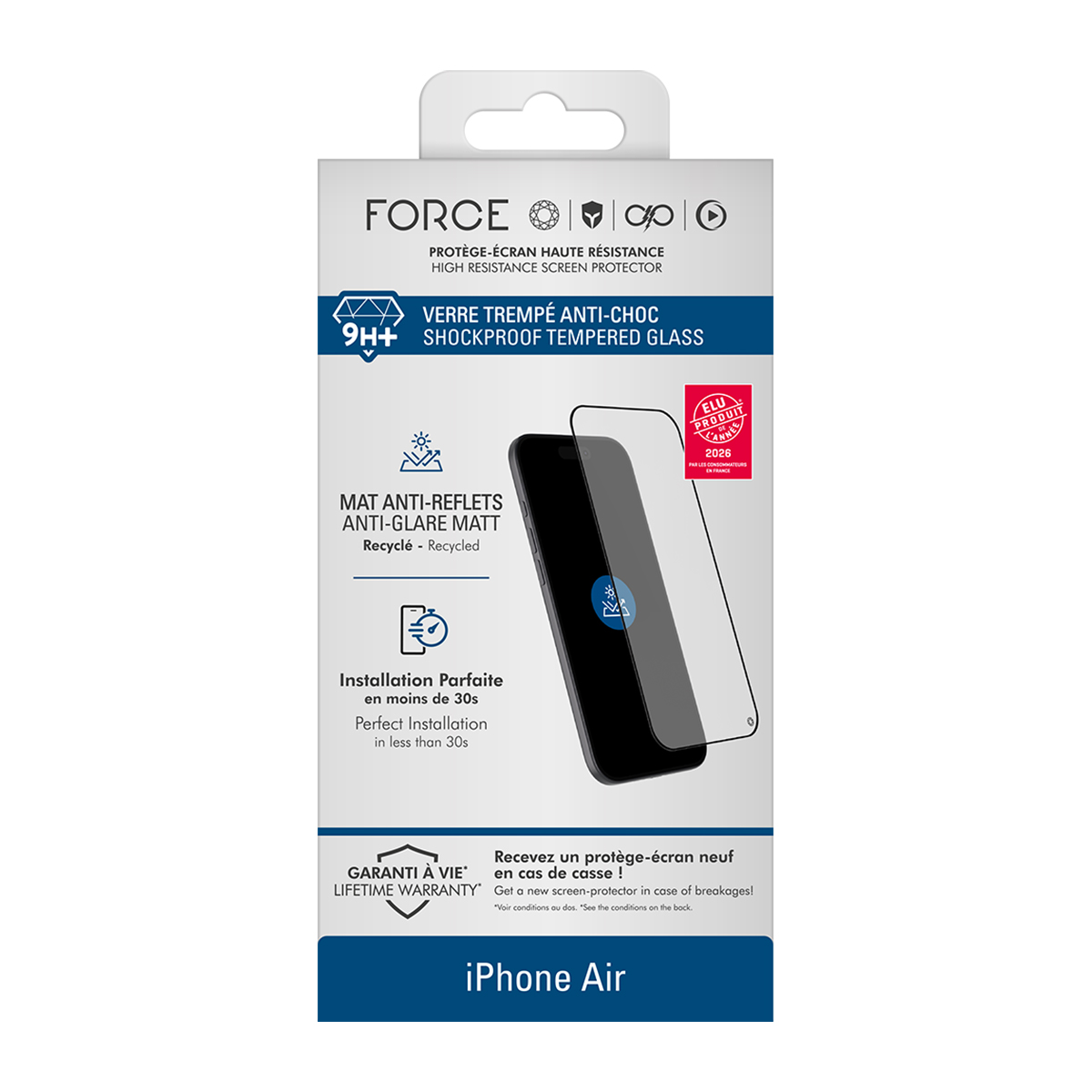Confezione per proteggi schermo iPhone Air in vetro temperato antiurto.