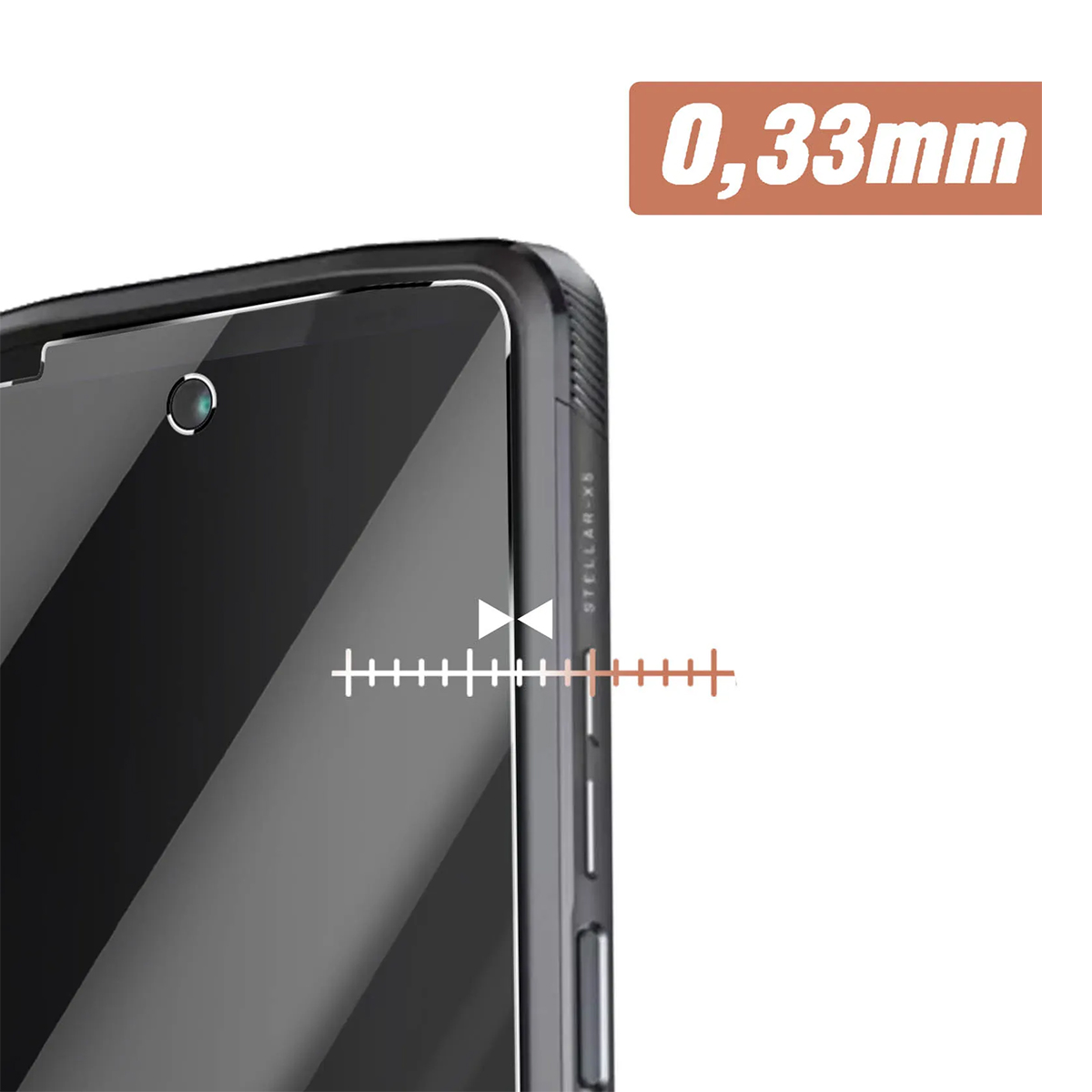 Uno smartphone di 0,33 mm di spessore, primo piano.