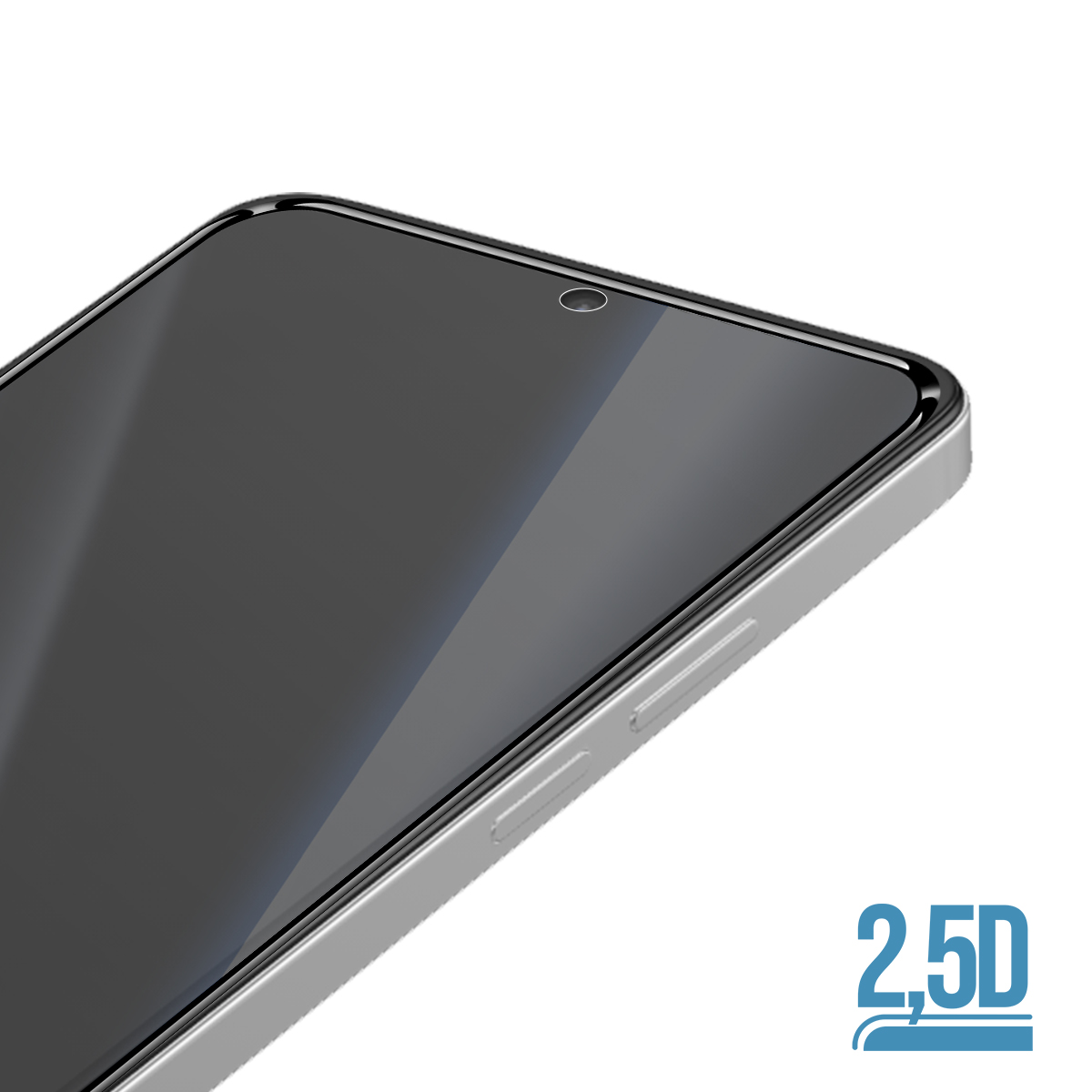 Primo piano di uno smartphone chiaro con bordi arrotondati e protezione schermo nera.