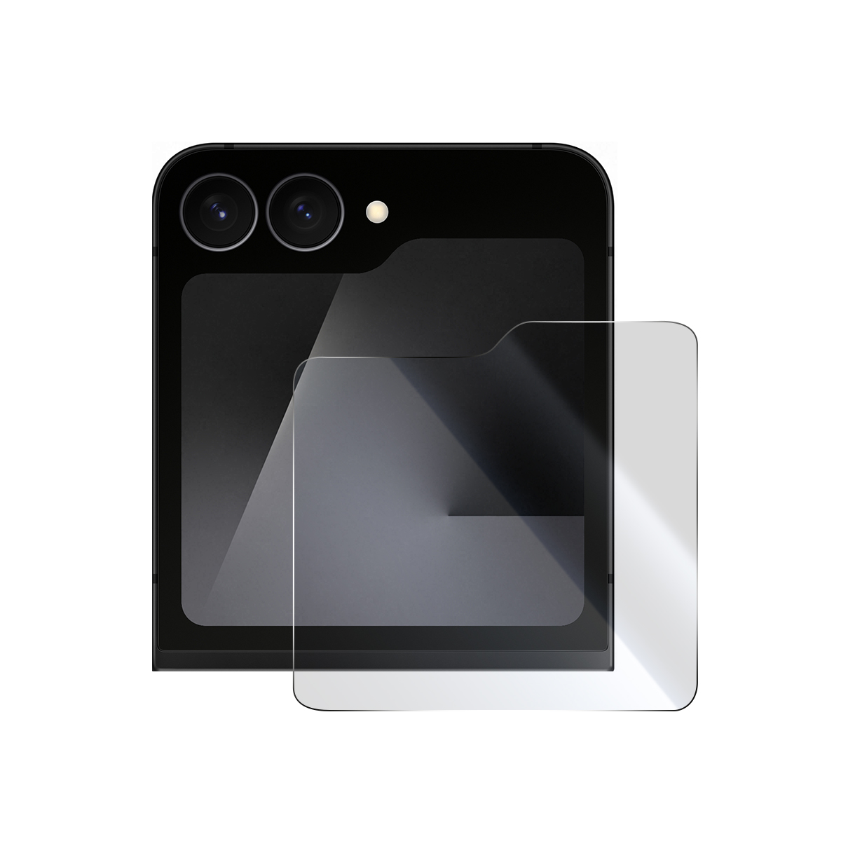 Uno smartphone nero con due fotocamere e una protezione schermo.