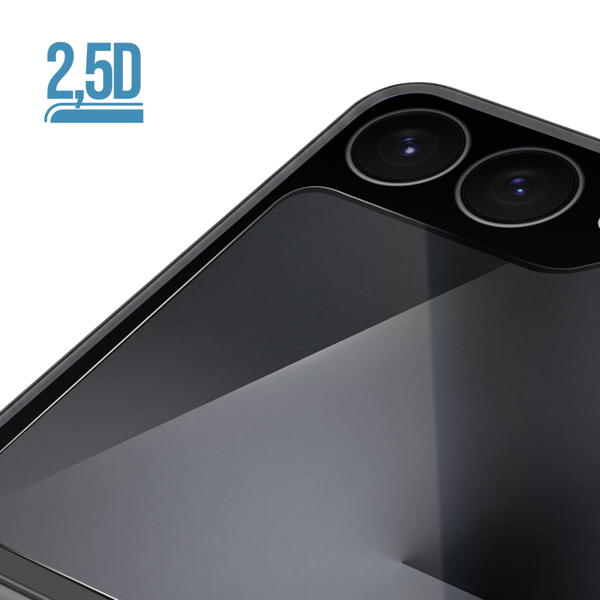 Primo piano del retro di uno smartphone nero con due fotocamere e logo 2,5D.
