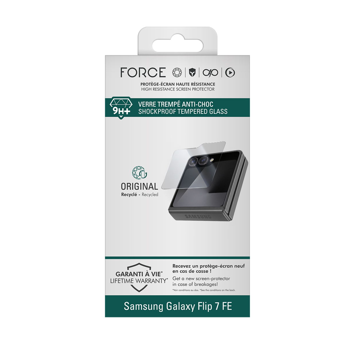 Confezione per un protettore schermo in vetro temperato antiurto Samsung Galaxy Flip 7 FE.