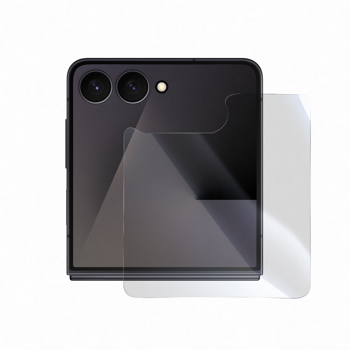 Retro di uno smartphone nero con due fotocamere e una protezione per lo schermo.
