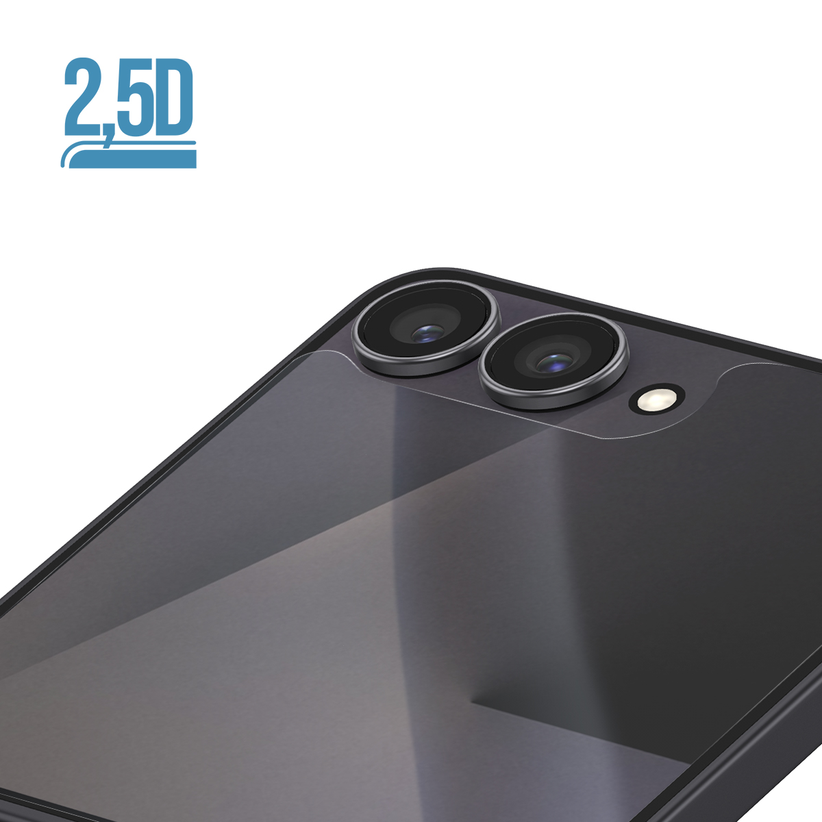 Retro di uno smartphone scuro con doppio obiettivo e flash.