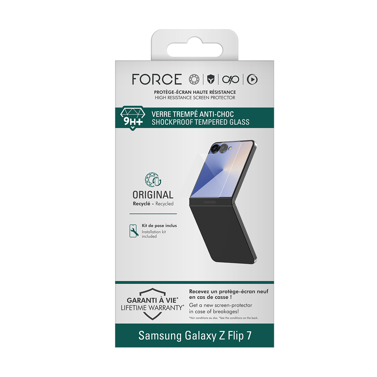 Confezione proteggi schermo Samsung Galaxy Z Flip 7: FORCE, 9H+, riciclato, con kit installazione.