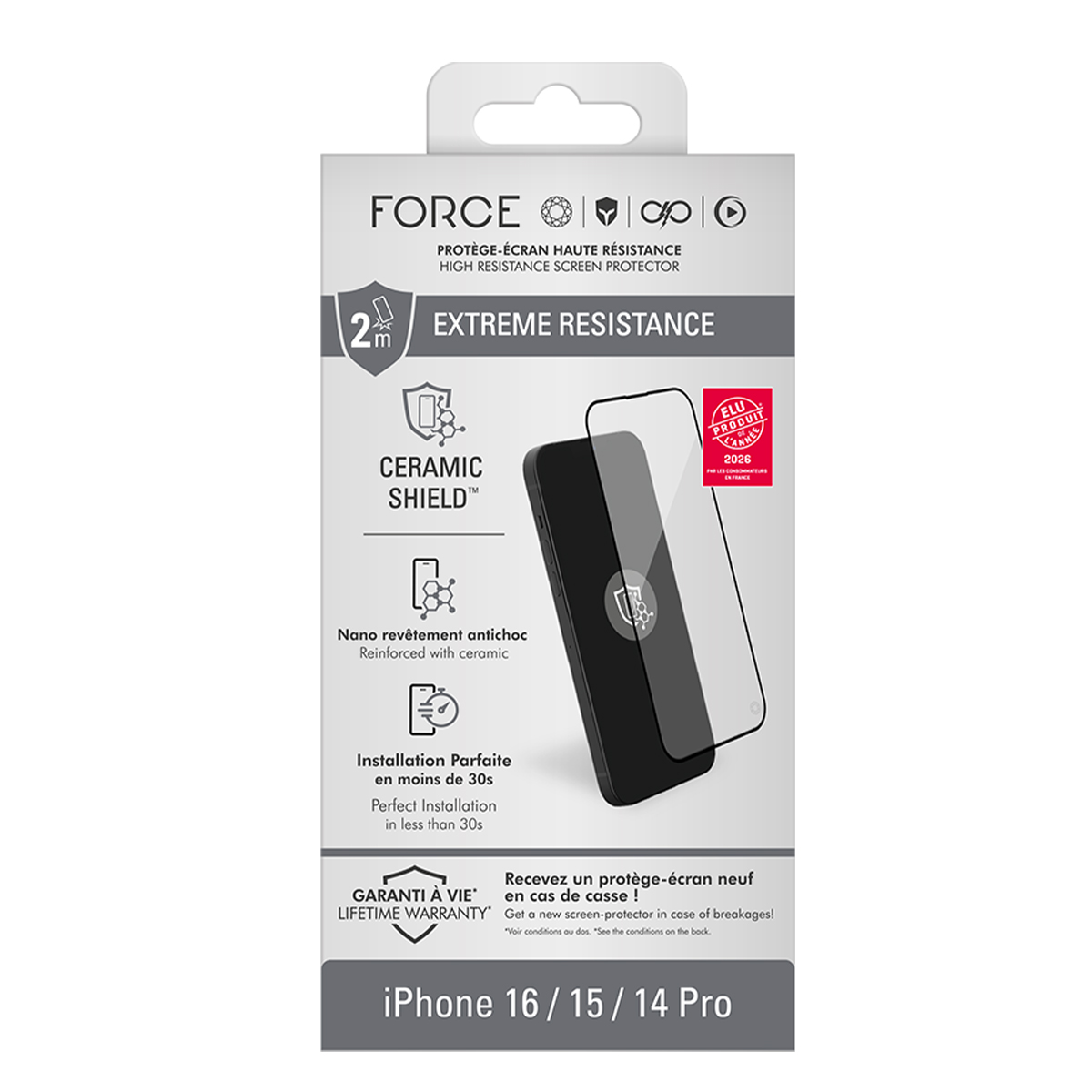 Confezione per proteggi schermo Force Ceramic Shield per iPhone 16/15/14 Pro.