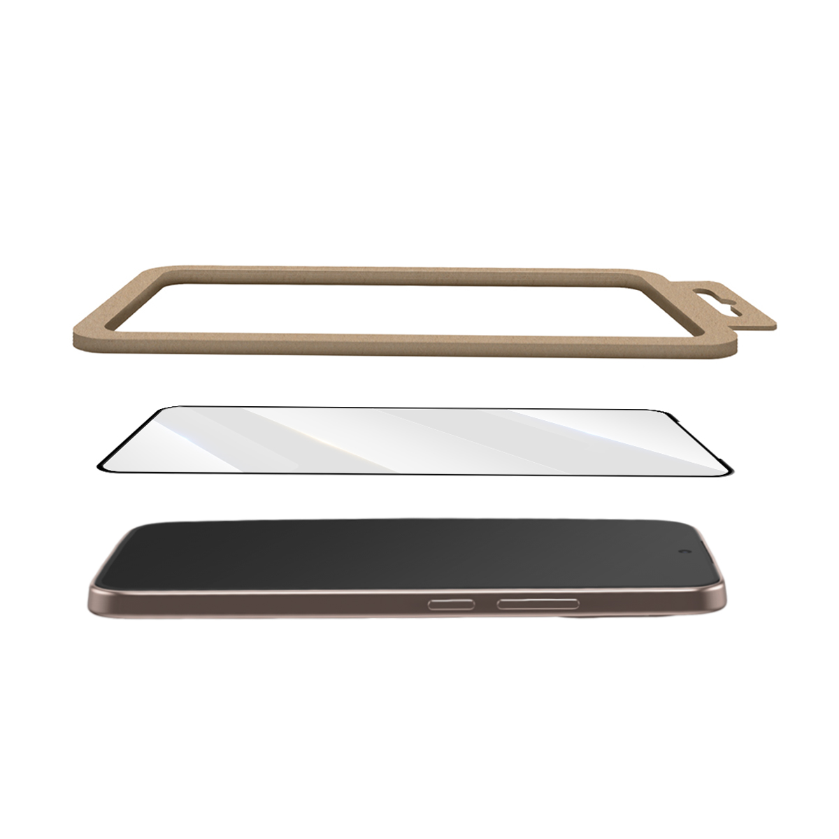 Una cornice di installazione beige, una protezione per schermo in vetro e uno smartphone scuro.