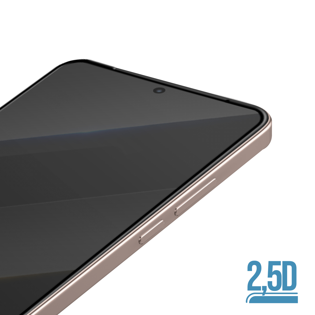 Uno smartphone con cornice argentata e schermo scuro. Testo '2.5D' in basso a destra.