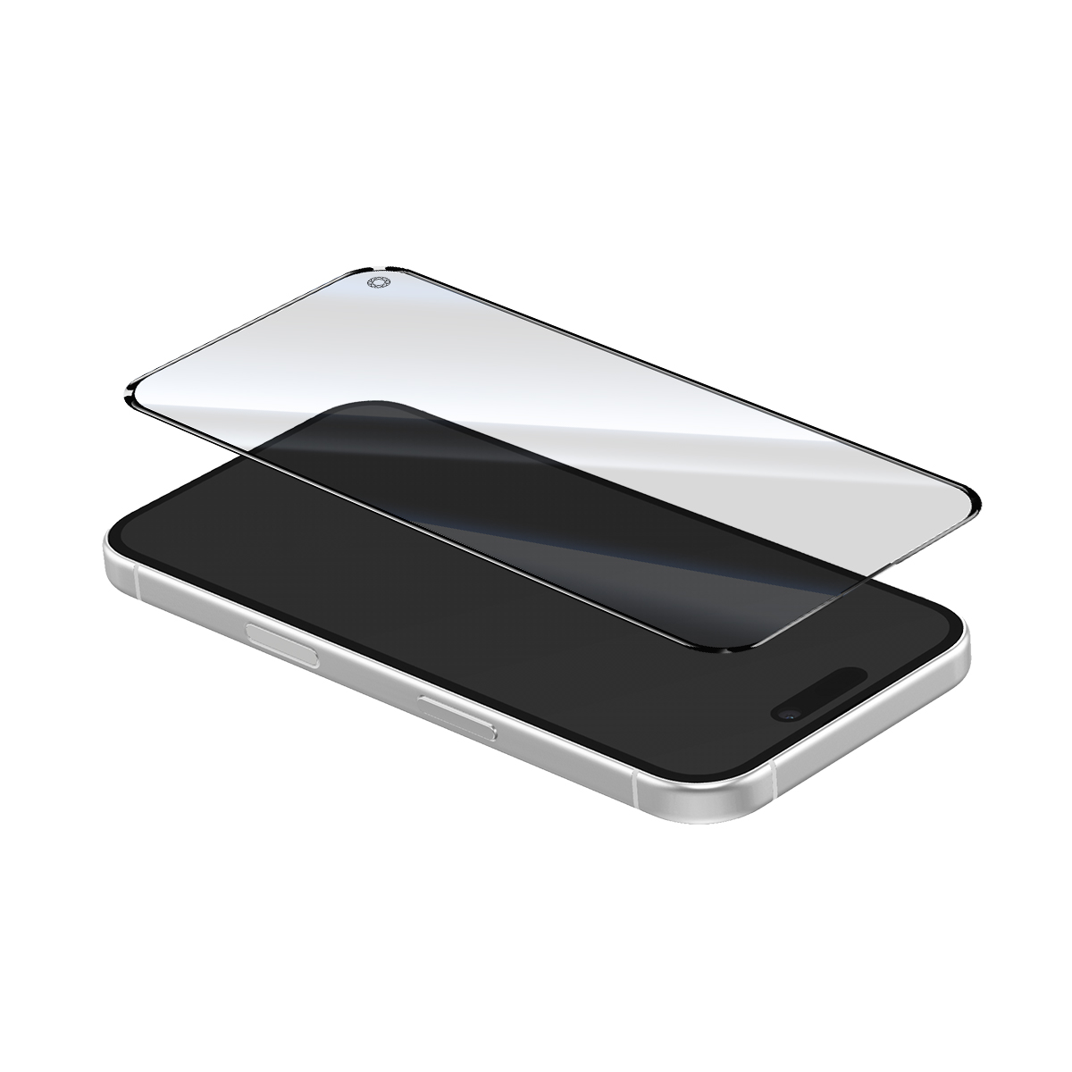 Una protezione schermo trasparente fluttua sopra uno smartphone argentato con schermo nero.