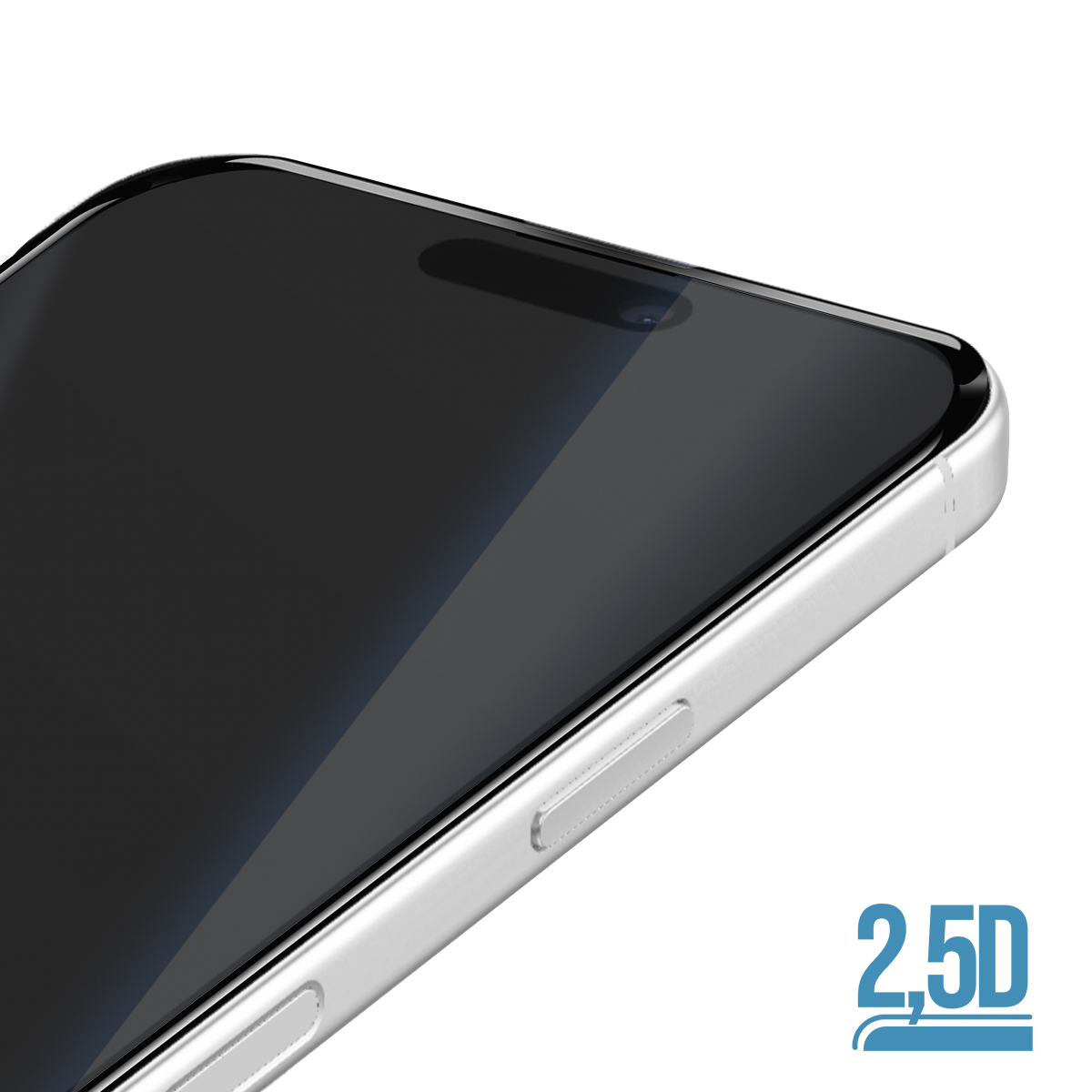 Primo piano di un telefono argentato con schermo scuro e logo 2.5D.