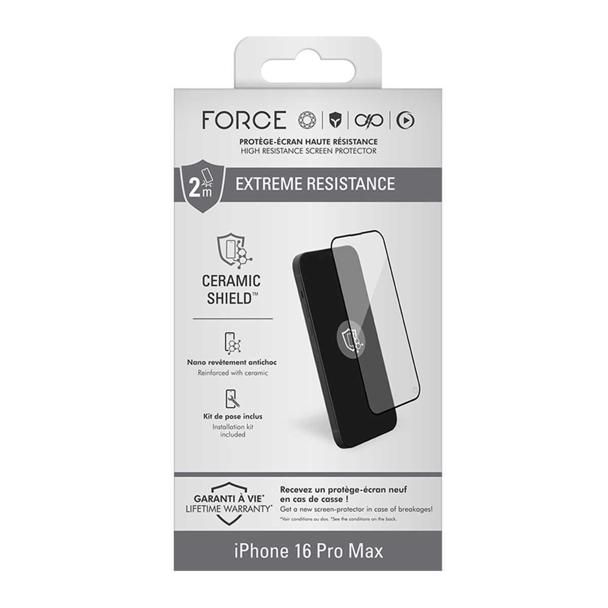 Confezione per proteggi schermo in ceramica iPhone 16 Pro Max.