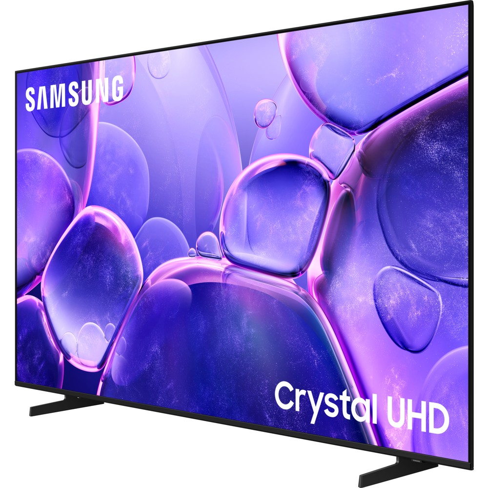 Samsung Crystal UHD TV mor soyut bir grafik gösteriyor.