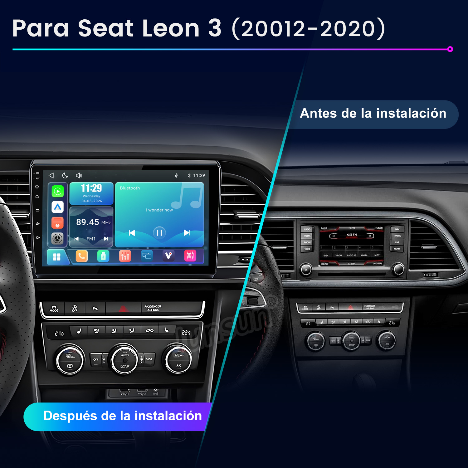 Comparación antes y después del interior de un coche con un nuevo sistema multimedia.