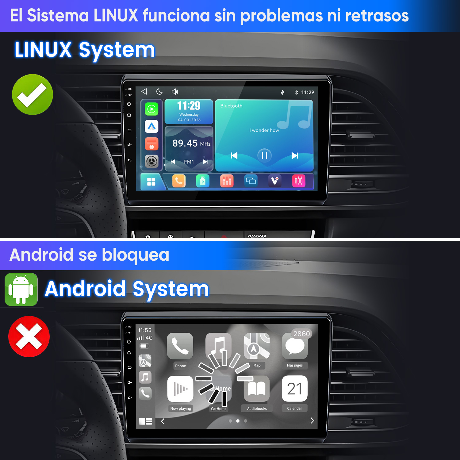 Arriba: Sistema Linux en radio de coche funcionando sin problemas. Abajo: Sistema Android que se bloquea.