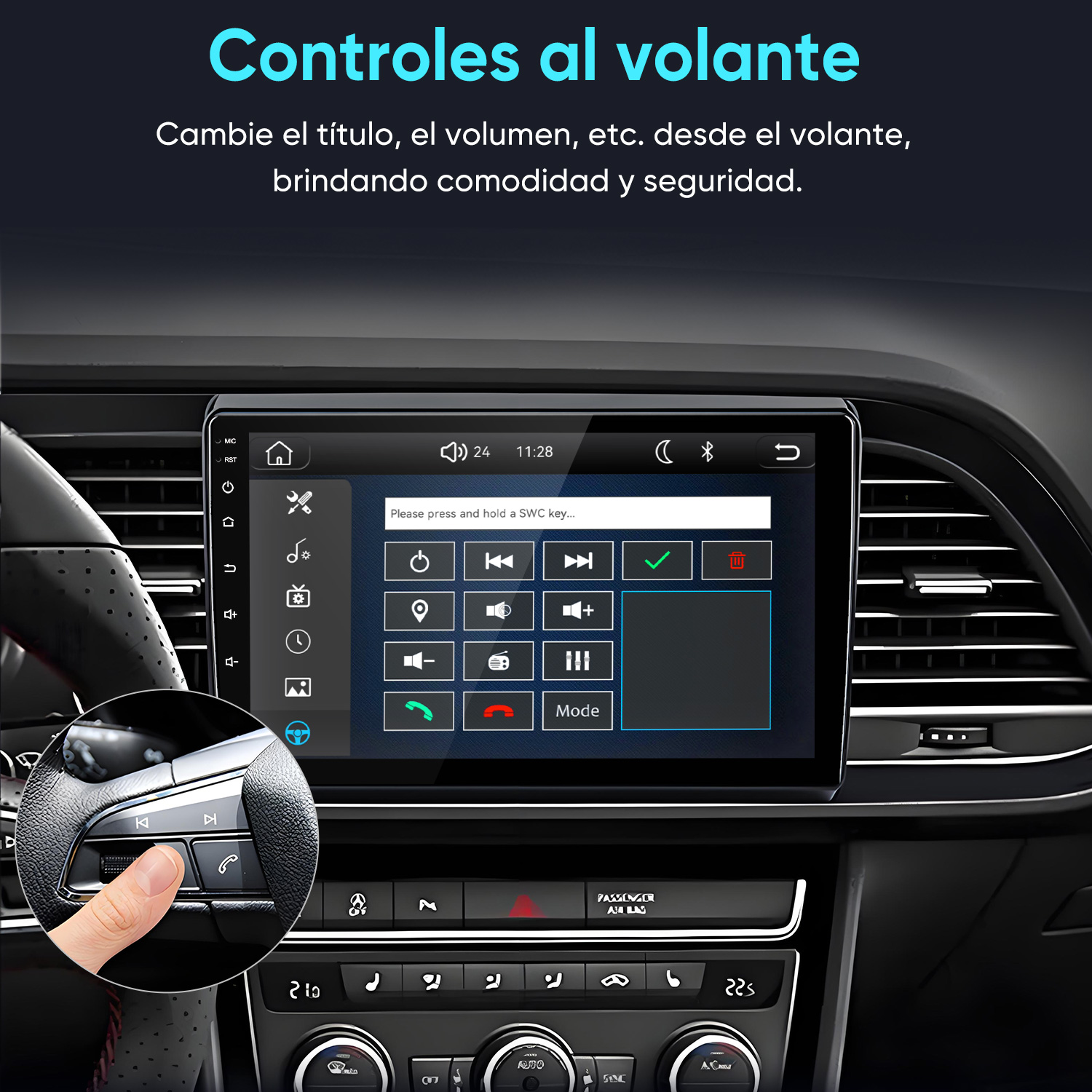 Un dedo presiona botones del volante, una pantalla táctil muestra un menú.