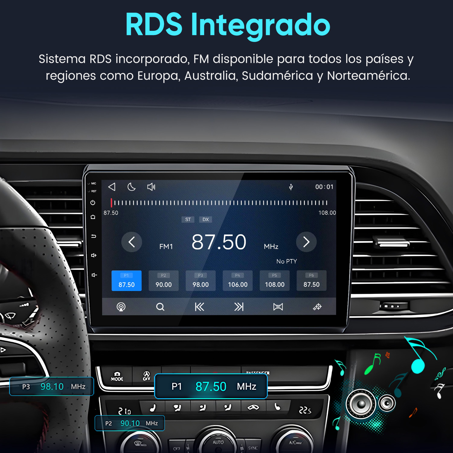 Pantalla de radio de coche muestra frecuencias y emisoras FM. Volante a la izquierda.
