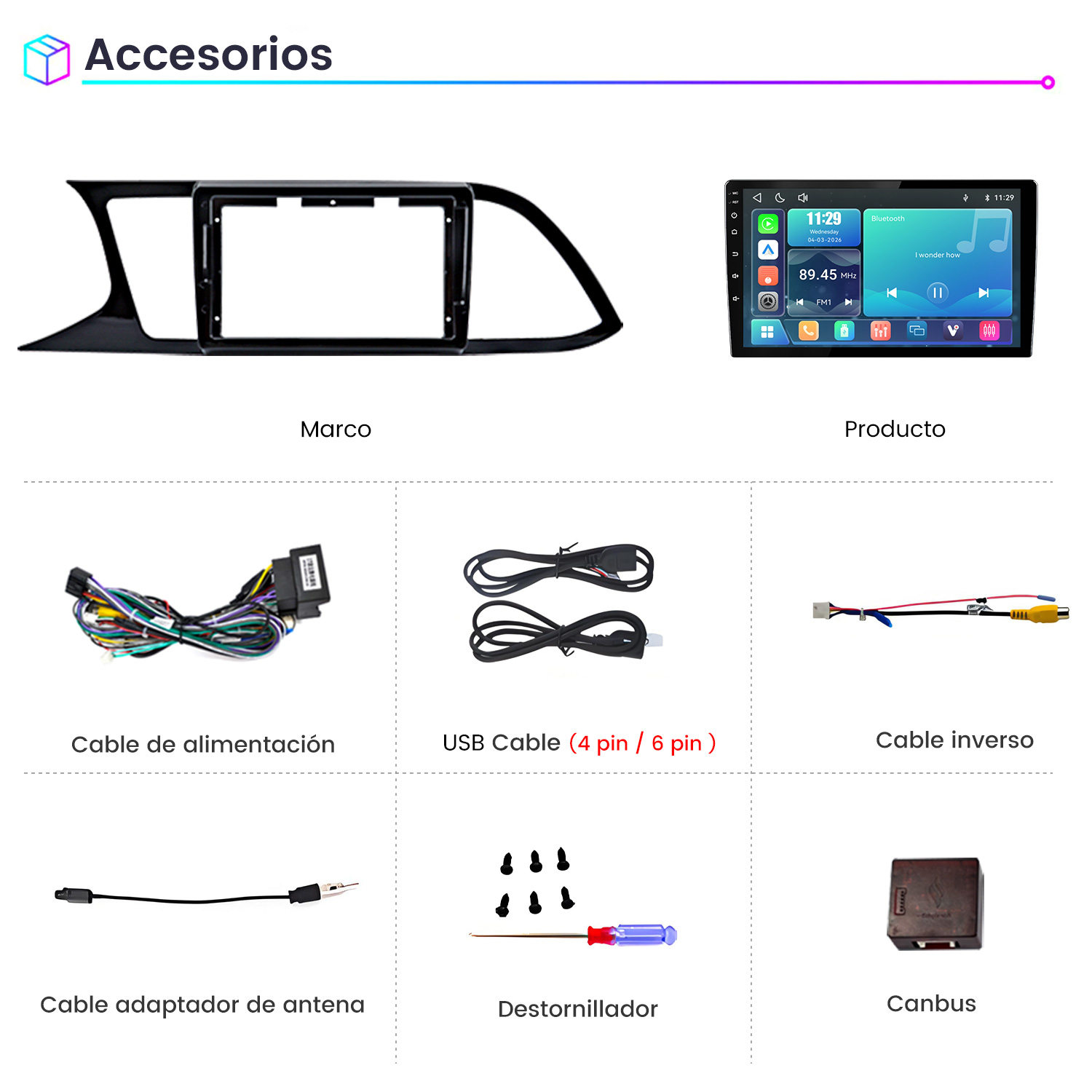 Marco de radio de coche, estéreo de coche, varios cables, tornillos y una herramienta.