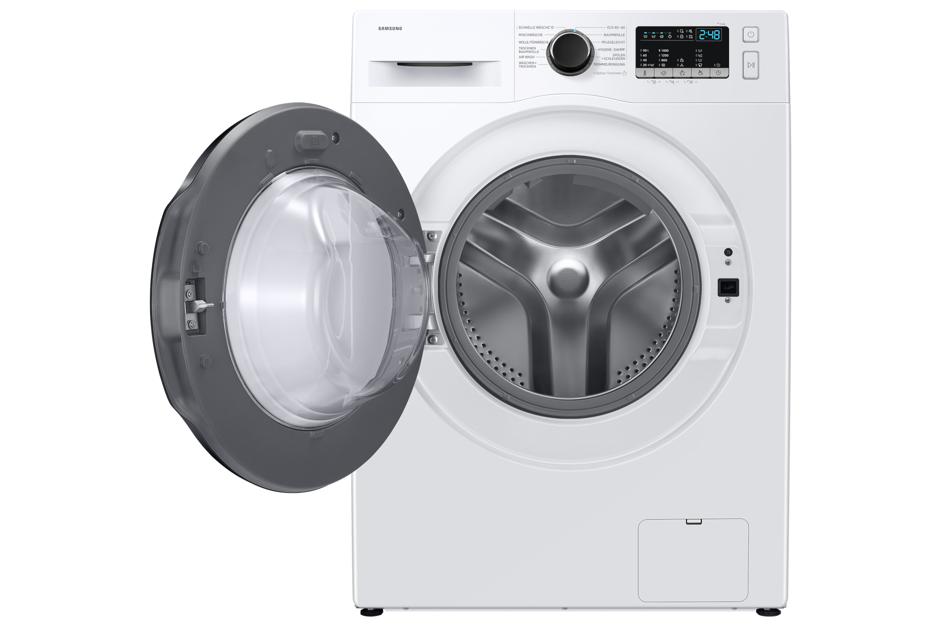 Eine weiße Samsung Waschmaschine mit geöffneter Tür und sichtbarer Trommel.