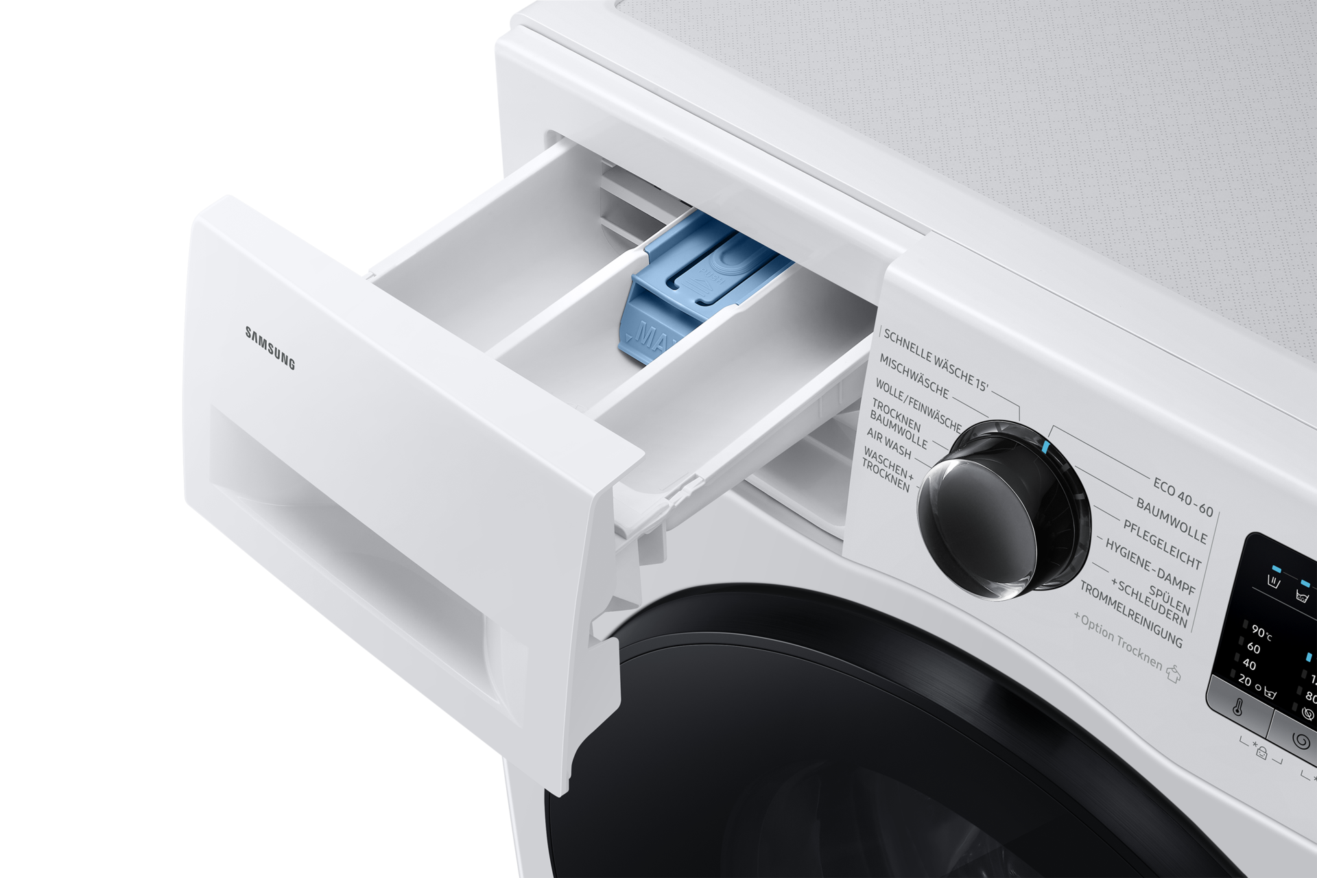 Eine weiße Samsung Waschmaschine mit ausgezogenem Waschmittelschubfach.