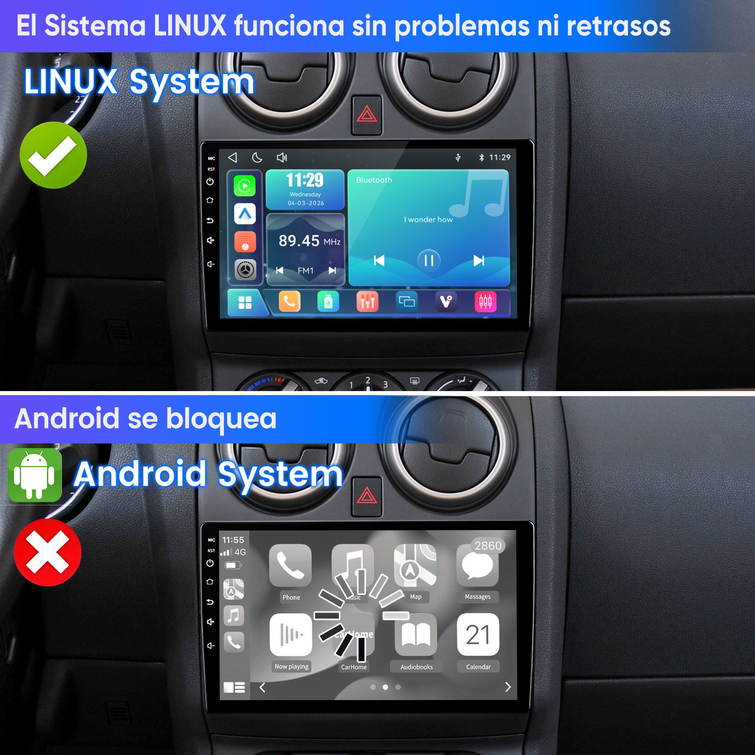 Dos pantallas de coche muestran sistemas: LINUX estable, Android bloqueado con X roja.