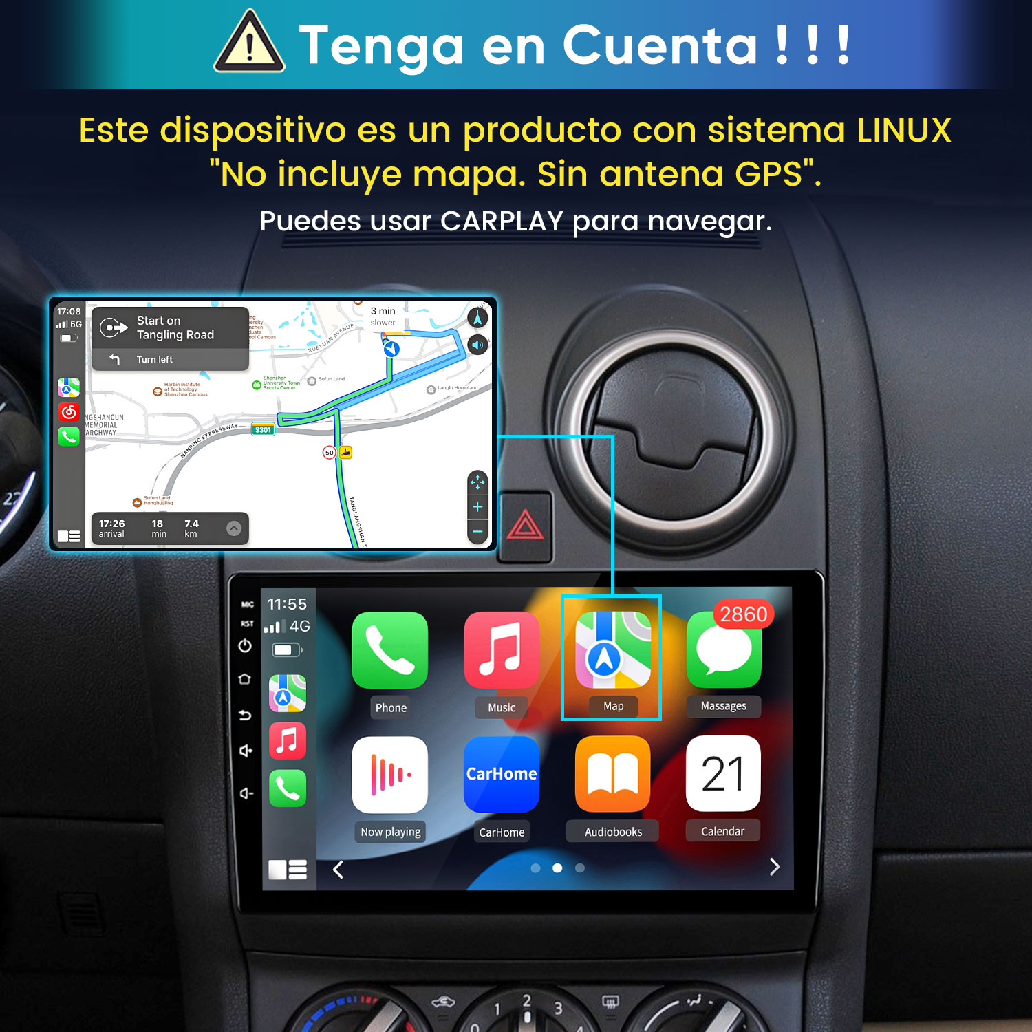 Un sistema de infoentretenimiento para automóvil muestra una app de navegación y un menú de iconos.