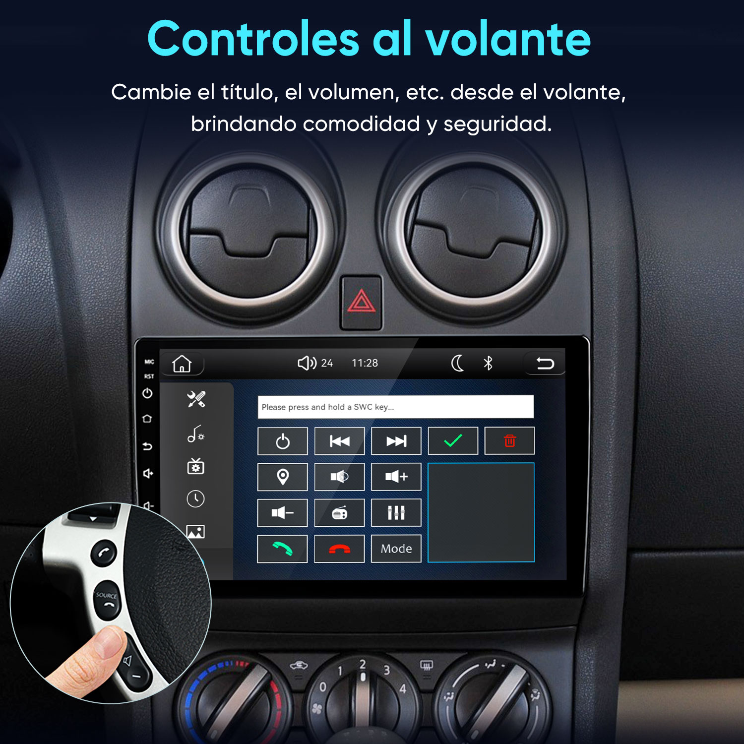 Salpicadero de coche con pantalla táctil que muestra controles. Un dedo pulsa un botón en el volante.