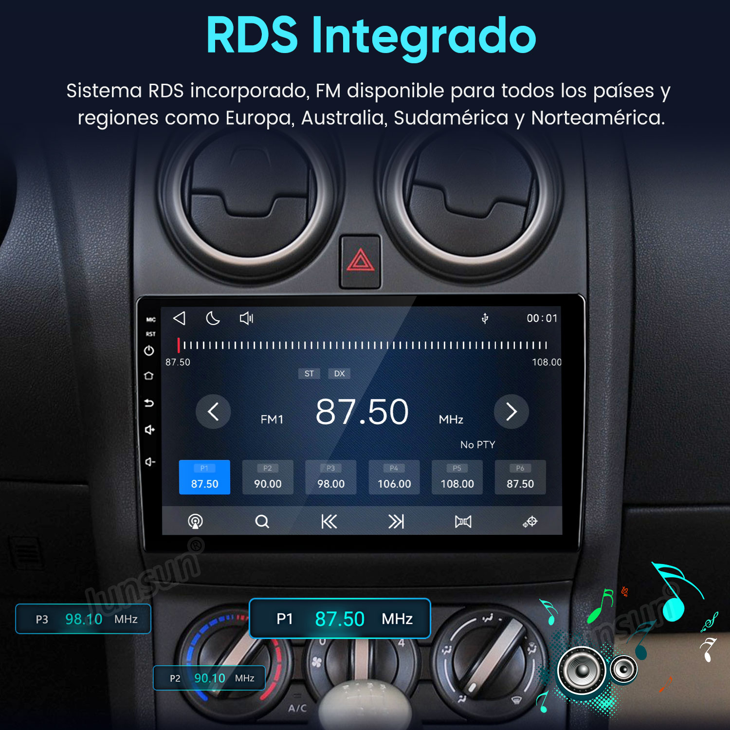 Pantalla de radio de coche mostrando radio FM con frecuencias como 87,50 MHz.
