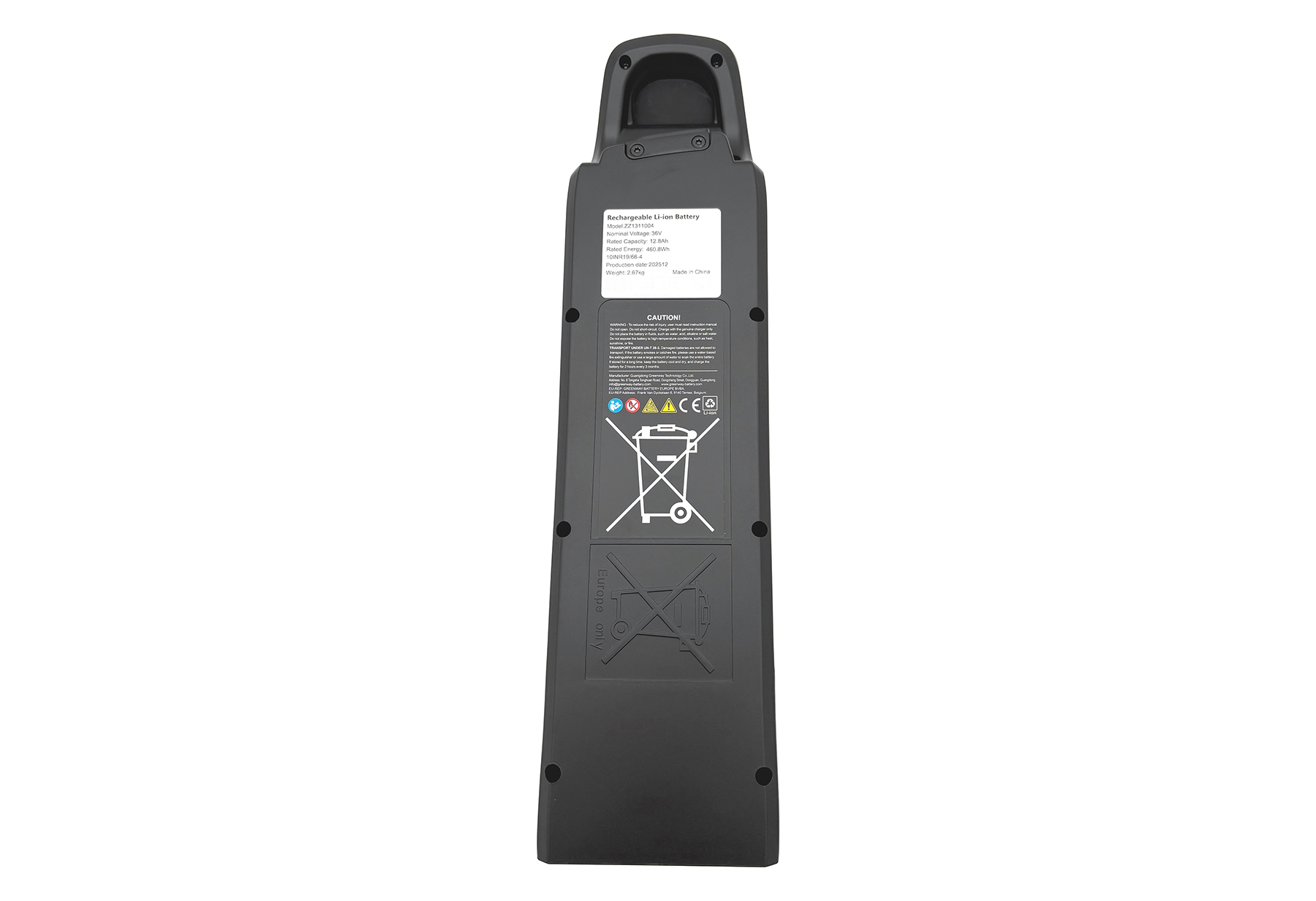 Schwarzer Lithium-Ionen-Akku mit Aufdruck von Spezifikationen und Warnhinweisen.