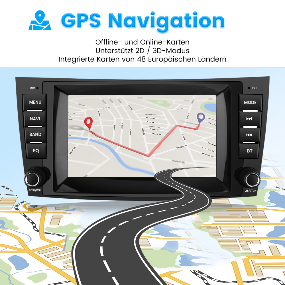 Navigationsgerät mit Karte, Routenführung und Schaltflächen.