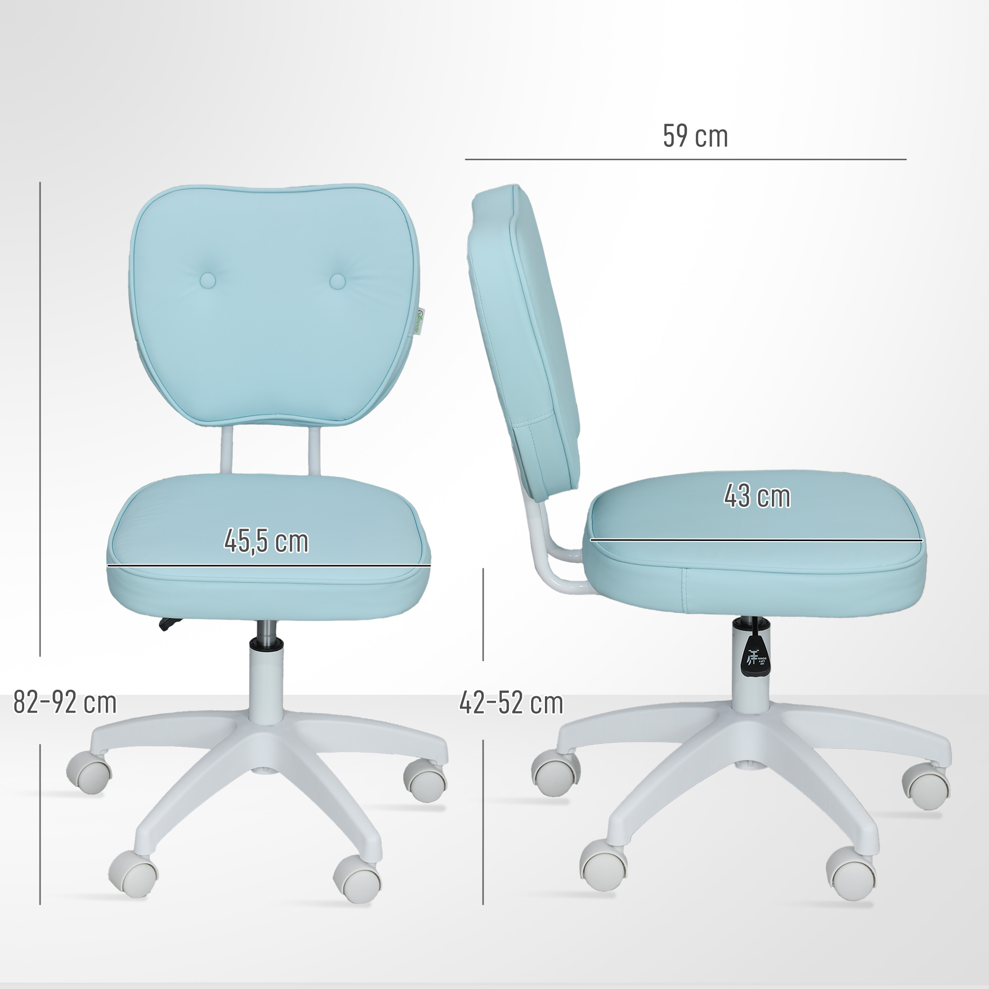 Una silla de oficina azul claro con ruedas y dimensiones.