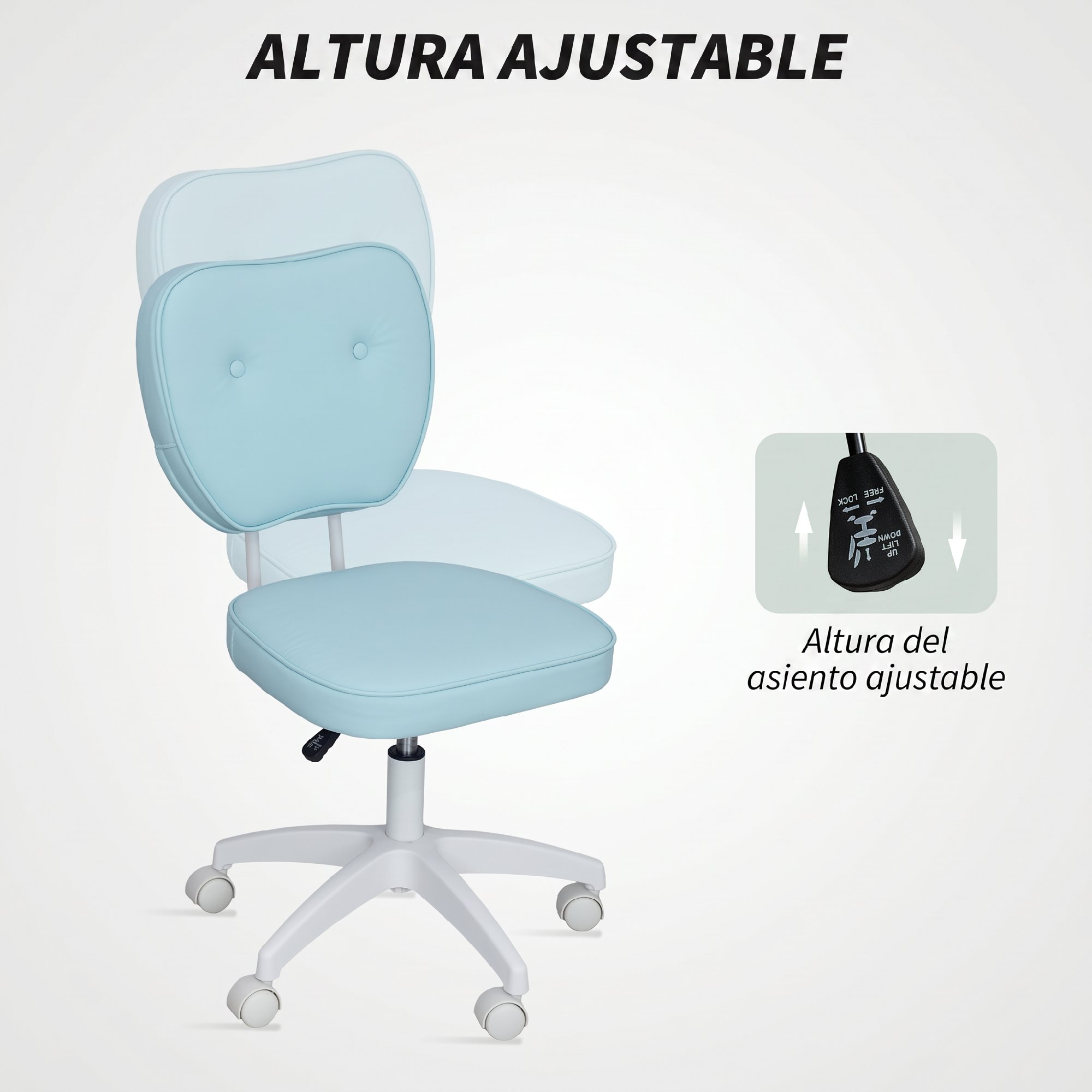 Silla de oficina ajustable azul claro con ruedas y palanca de ajuste de altura.