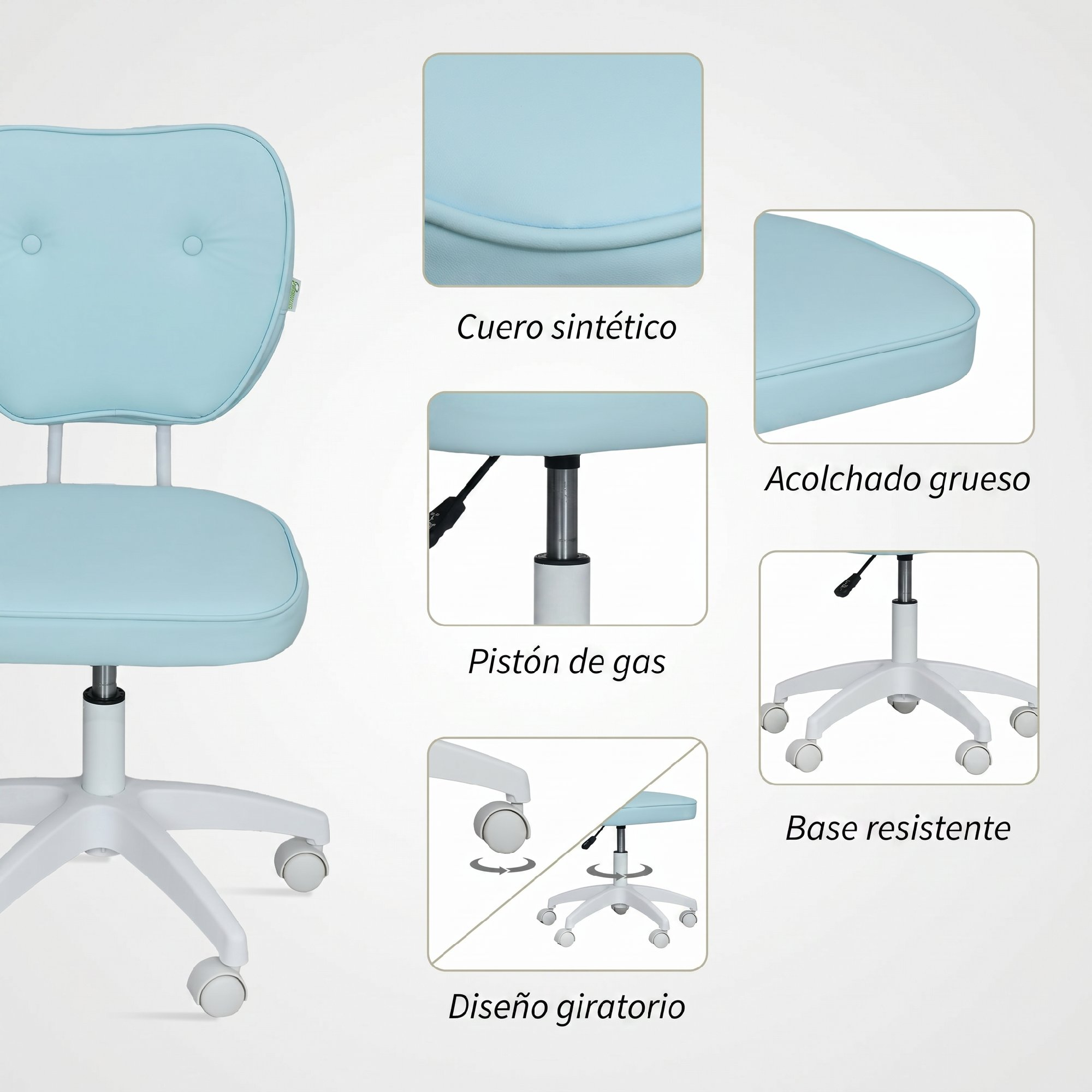 Detalles de silla de oficina azul claro: cuero sintético, acolchado grueso, pistón.