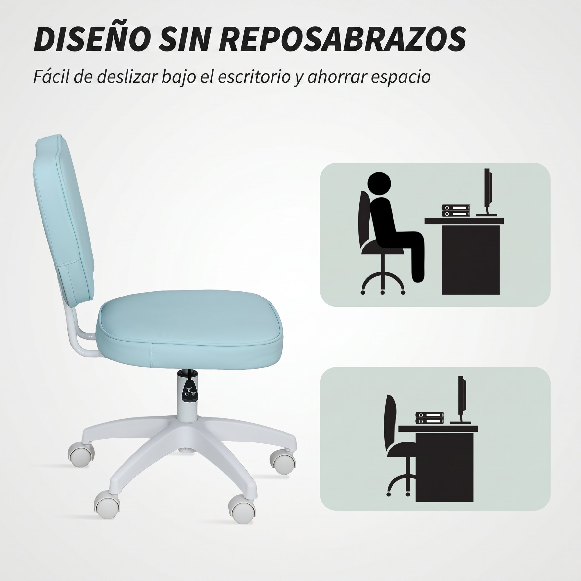 Una silla de oficina azul claro sin reposabrazos junto a ilustraciones de escritorio.