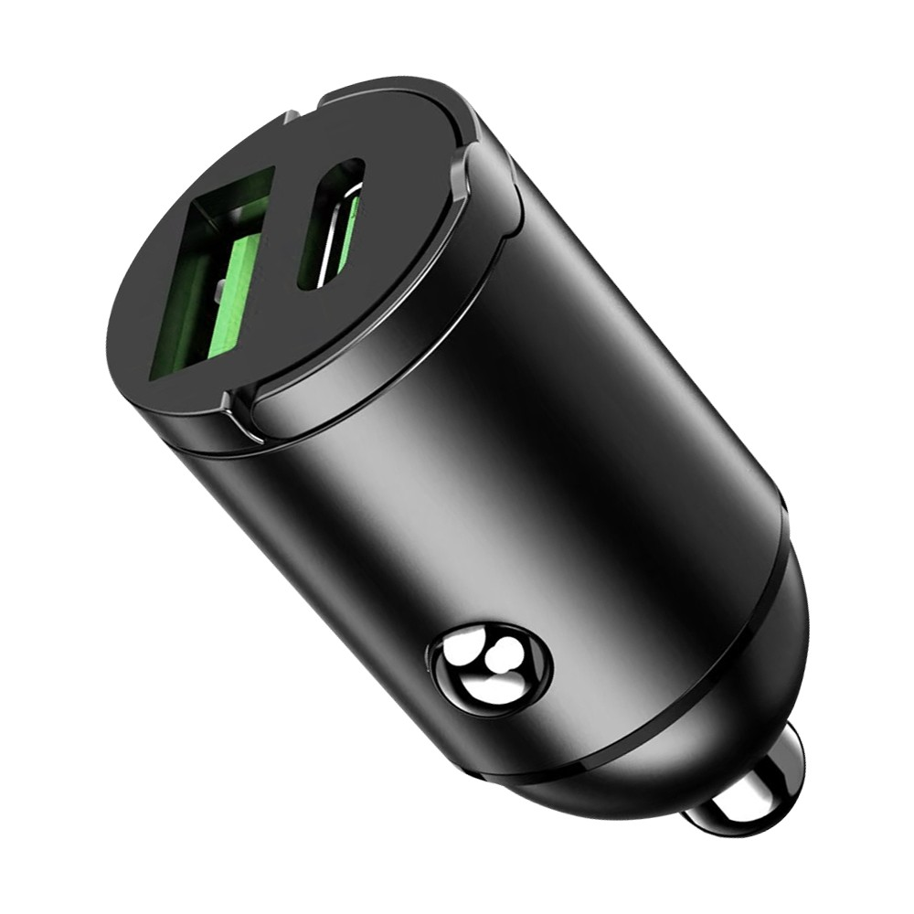 İki USB bağlantı noktalı ve aydınlatmalı düğmeli siyah araç şarj cihazı.