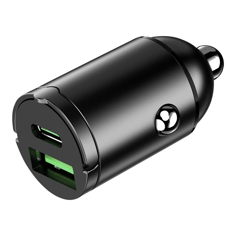 USB-A ve USB-C bağlantı noktalarına sahip siyah araç şarj cihazı.
